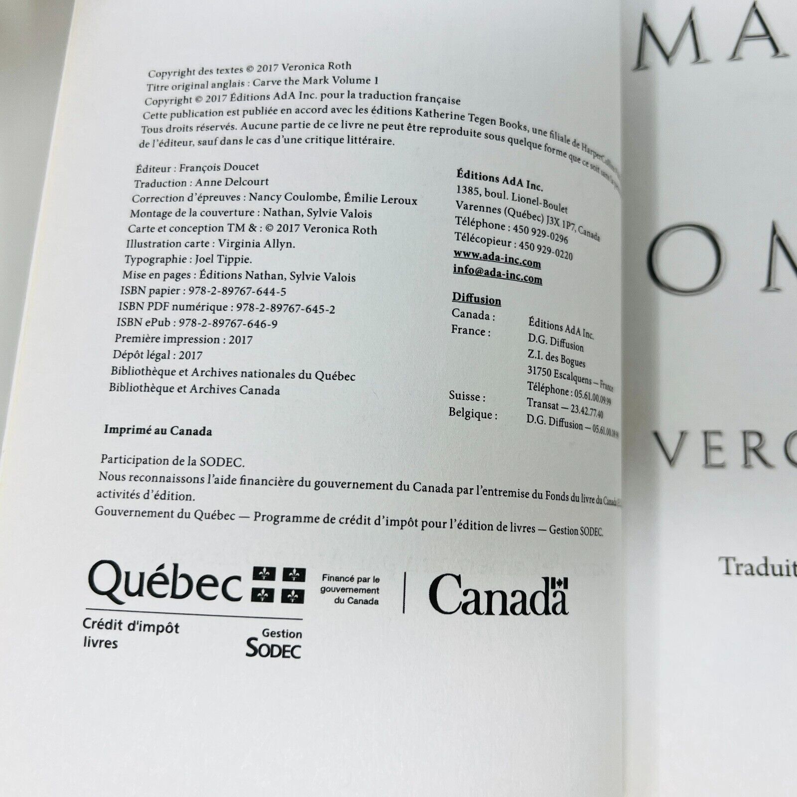 2017 Marquer les Ombres de Veronica Roth Livre ADA en Français/French Paperback