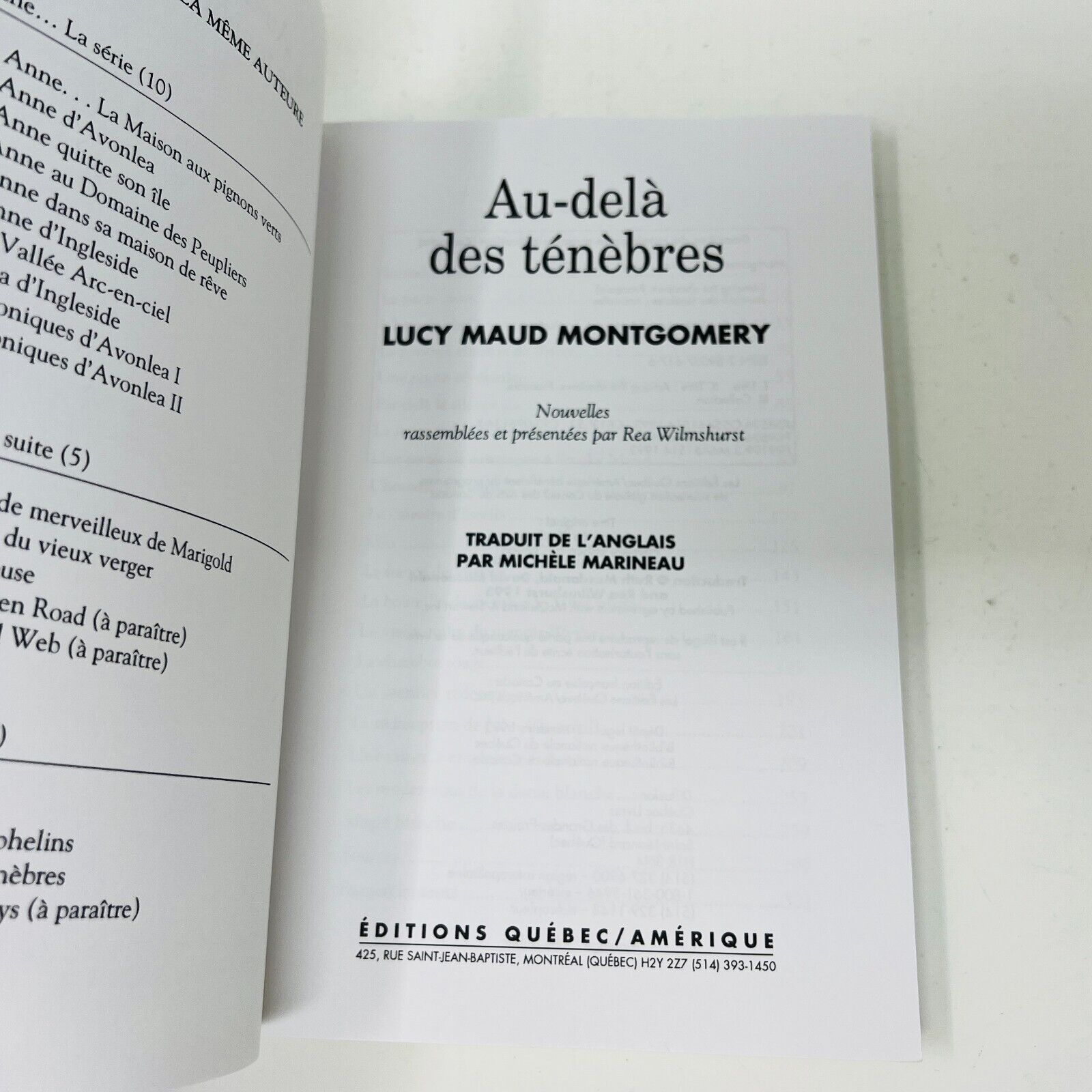 1993 Au-Delà des Ténèbres de Lucy Maud Montgomery Québec/Amérique en Français