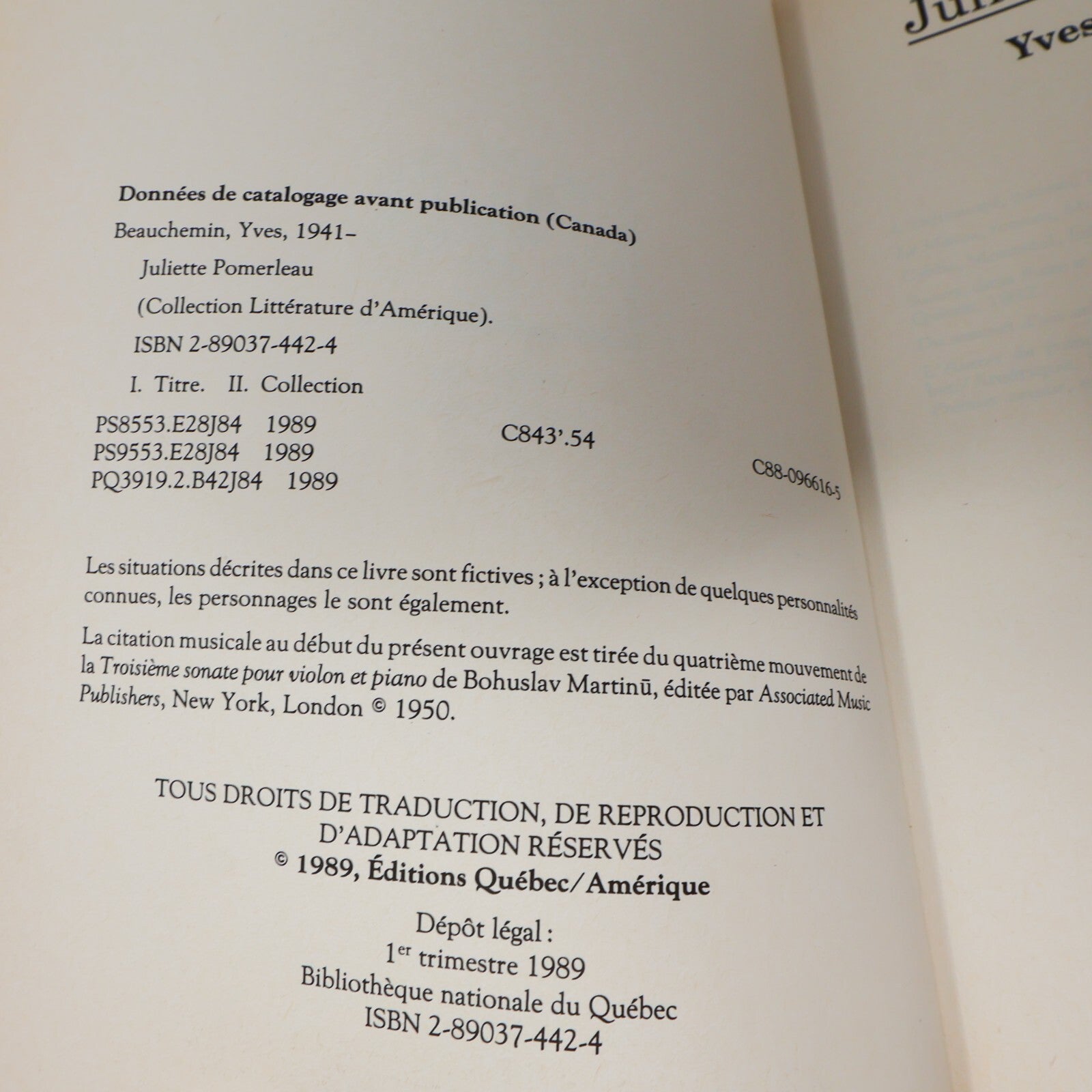 Yves Beauchemin Lot 2 Livres Juliette Pomerleau/Le Second Violon Roman Québec