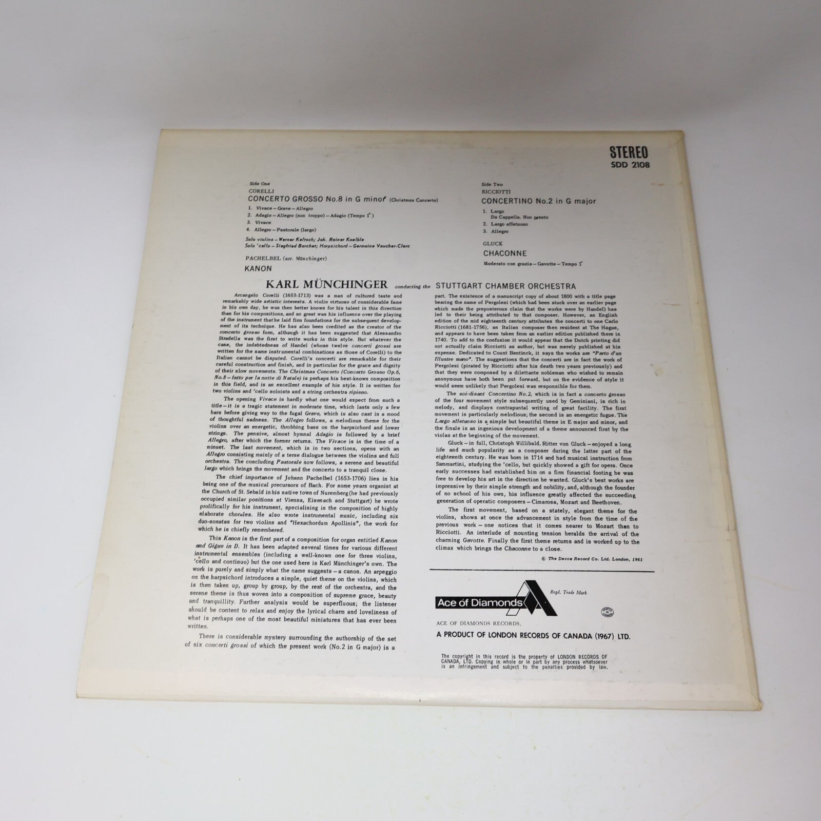 Münchinger Pachelbel Kanon Gluck Corelli Ricciotti Stuttgart Record SDD 2108