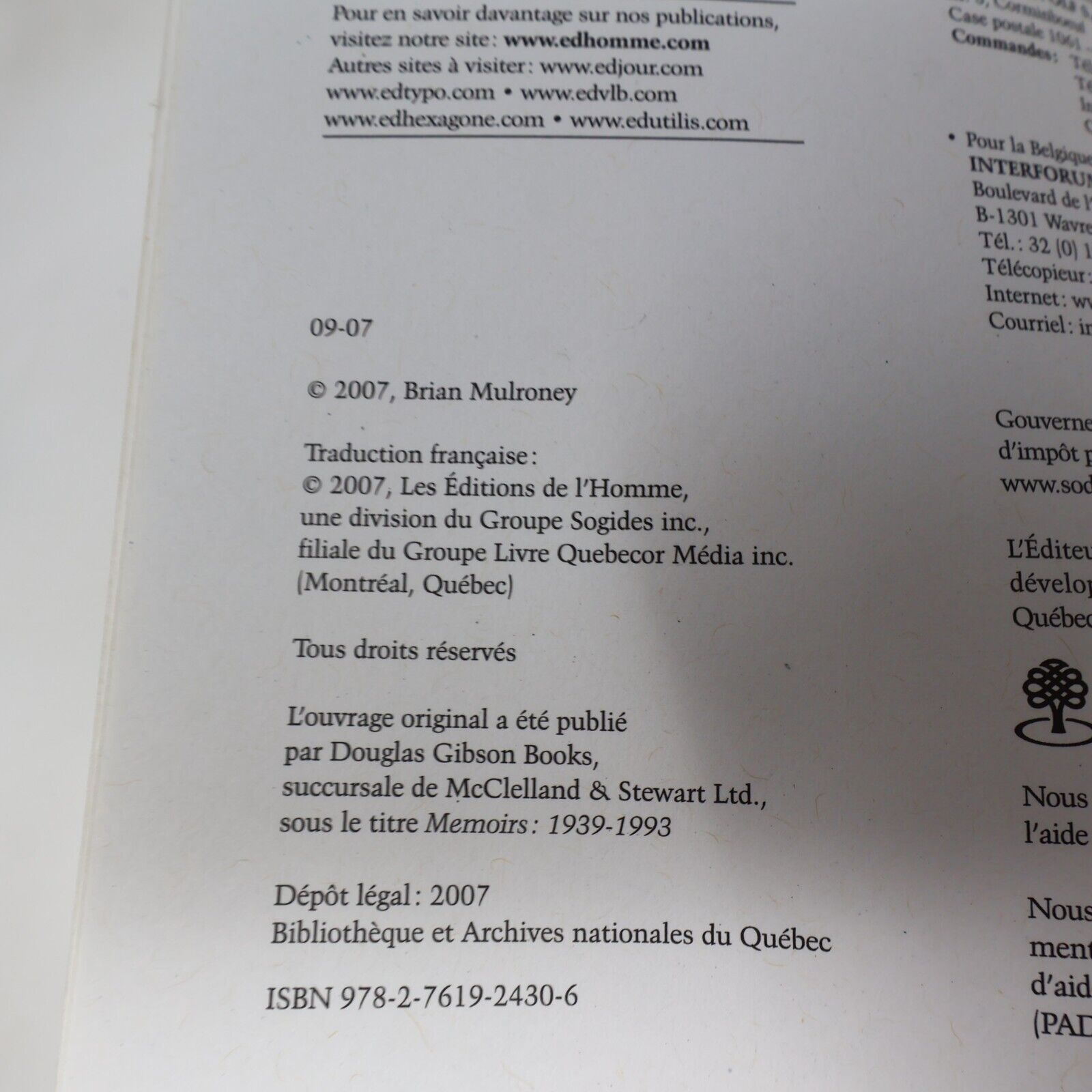 2007 Mémoires Brian Mulroney Biographie Politique Canada De L'homme Français PB