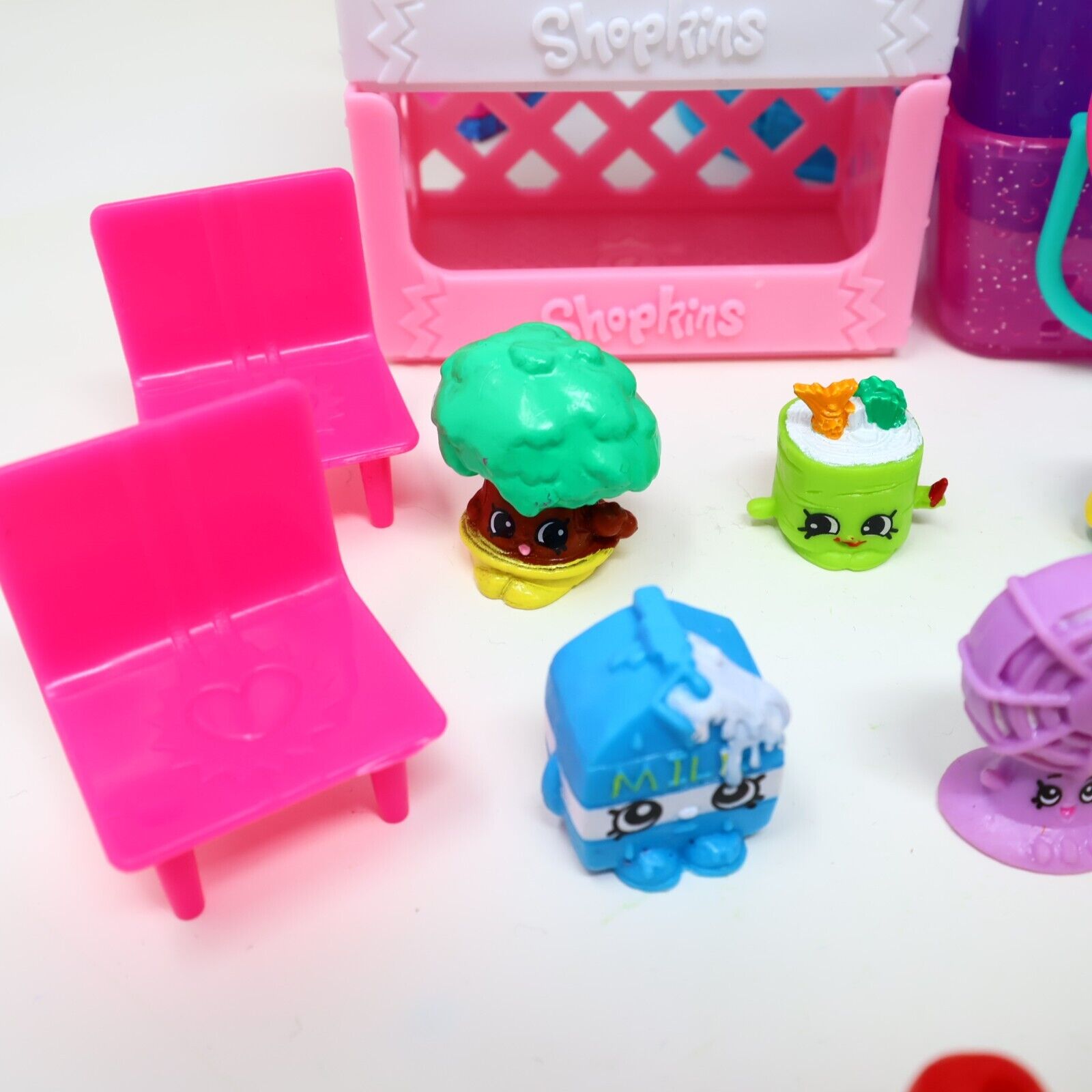 Lot of 20 Shopkins Figures + Sweet Spot Candy Shop Toys Baskets Mixed Moose