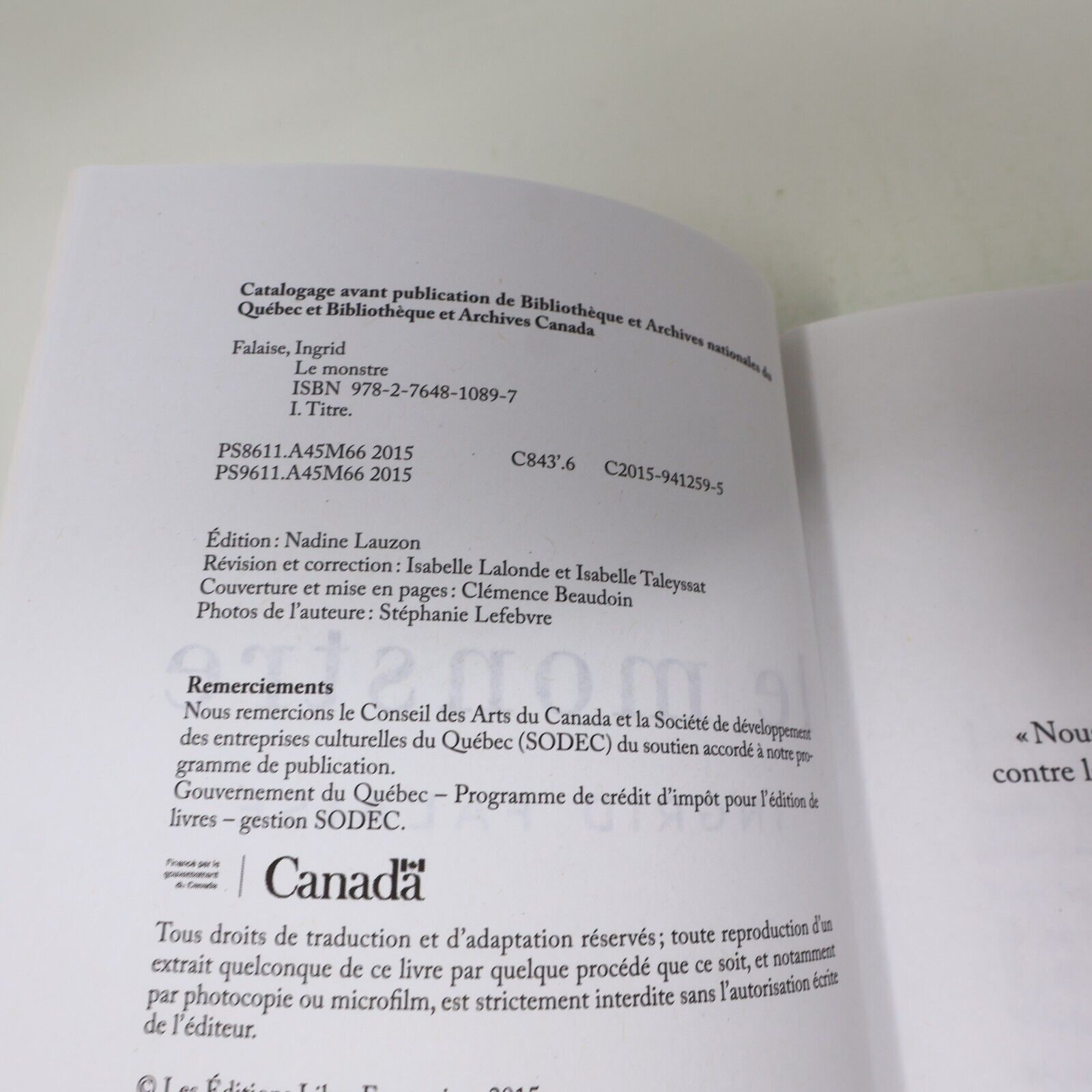 2015 Le Monstre Ingrid Falaise Biographie Québec Violence Conjugale Français PB