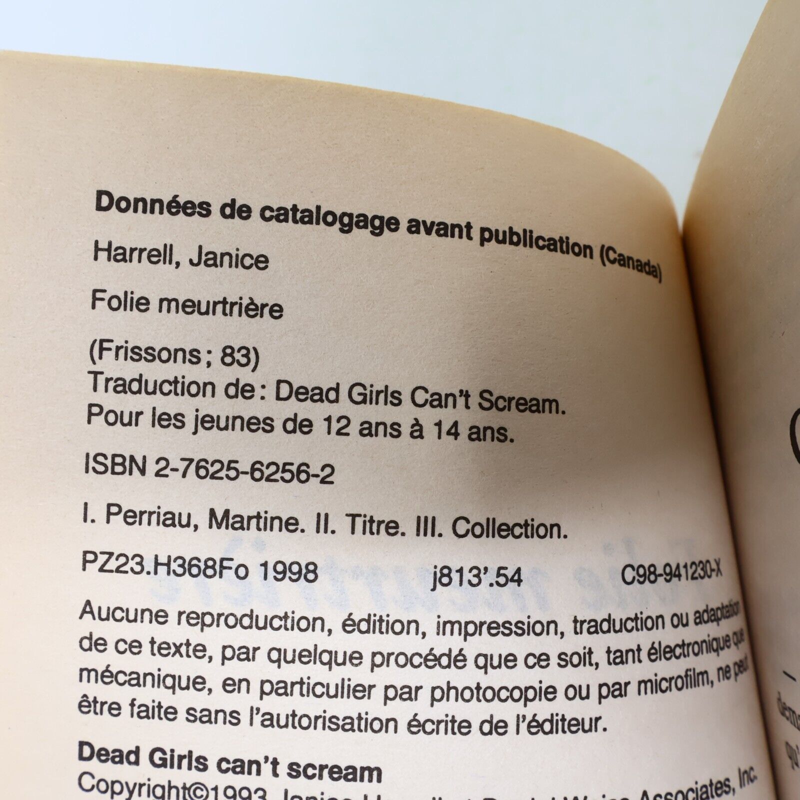 1998 Folie Meurtrière Frissons #83 de Janice Harrell Paperback PB EH Enfants 90s