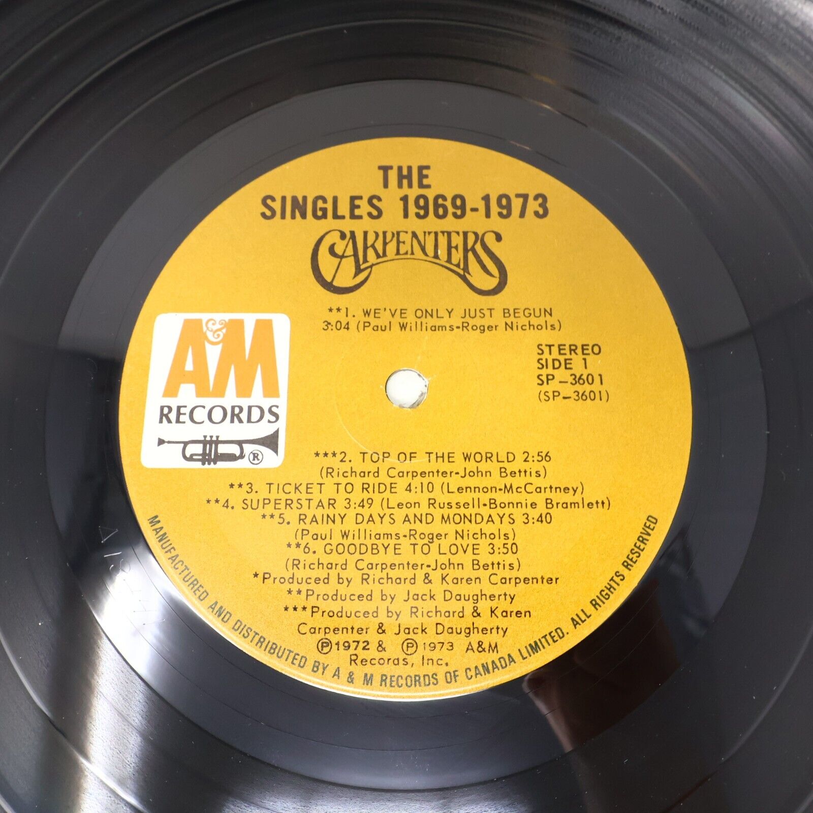 Carpenters The Singles 1969-1973 LP Vinyl Record SP 3601 A&M Top Of The World