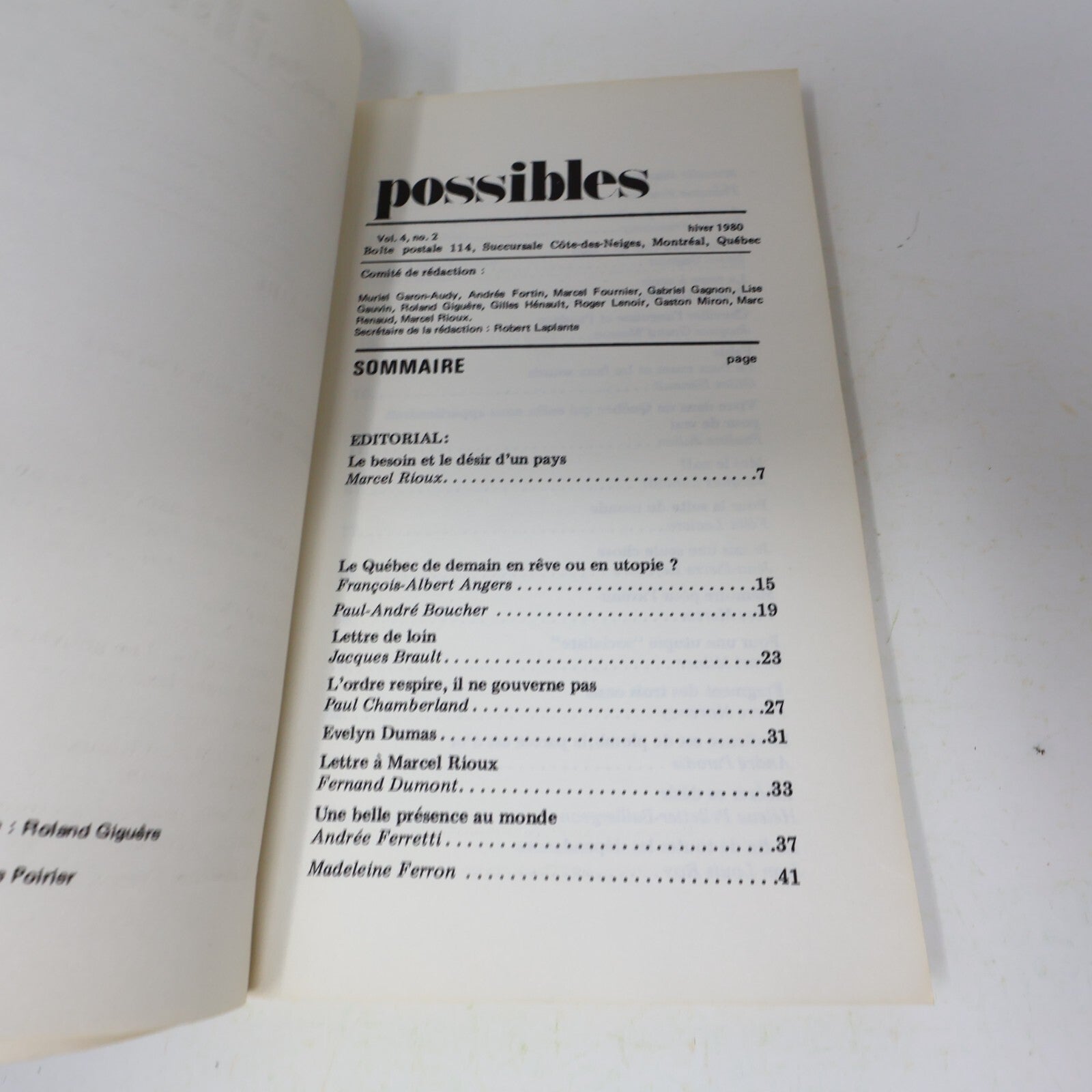 1980 Projets du Pays qui Vient Possibles Vol. 4 #2 Francoeur/Giguère/Julien 80s