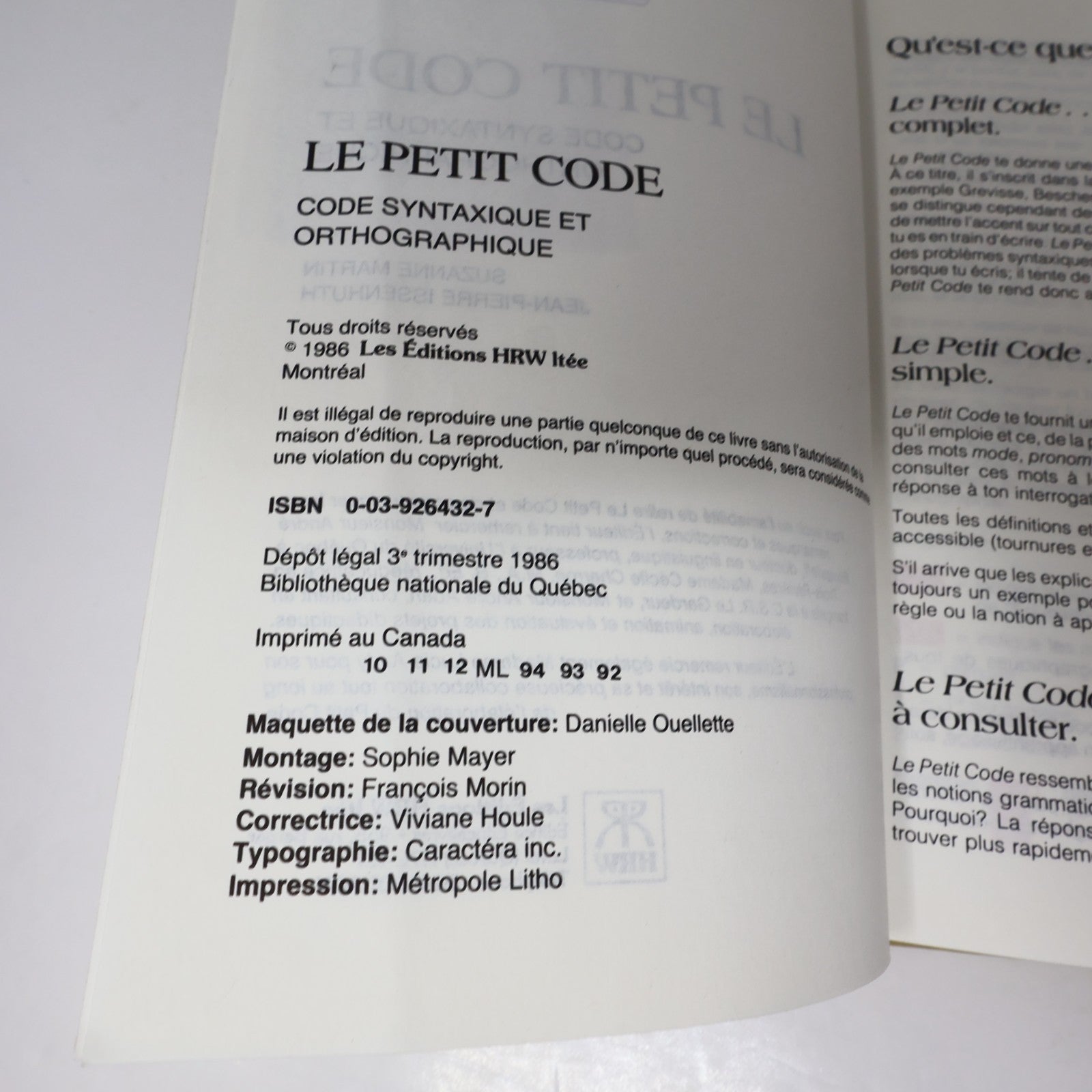 Le Petit Code Syntaxique et Orthographique Martin/Issenhuth 1986 HC Français 80s