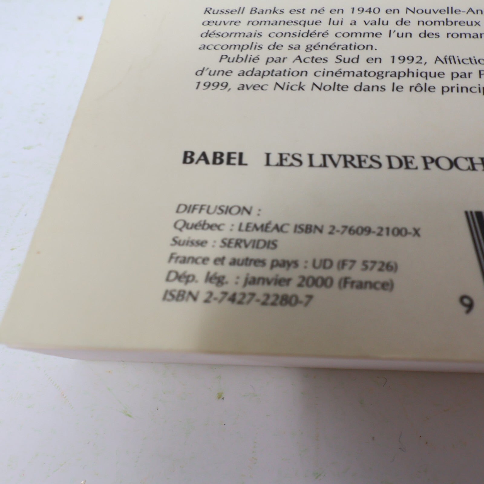 2000 Affliction Russell Banks Babel Littérature Américaine Roman États-Unis PB