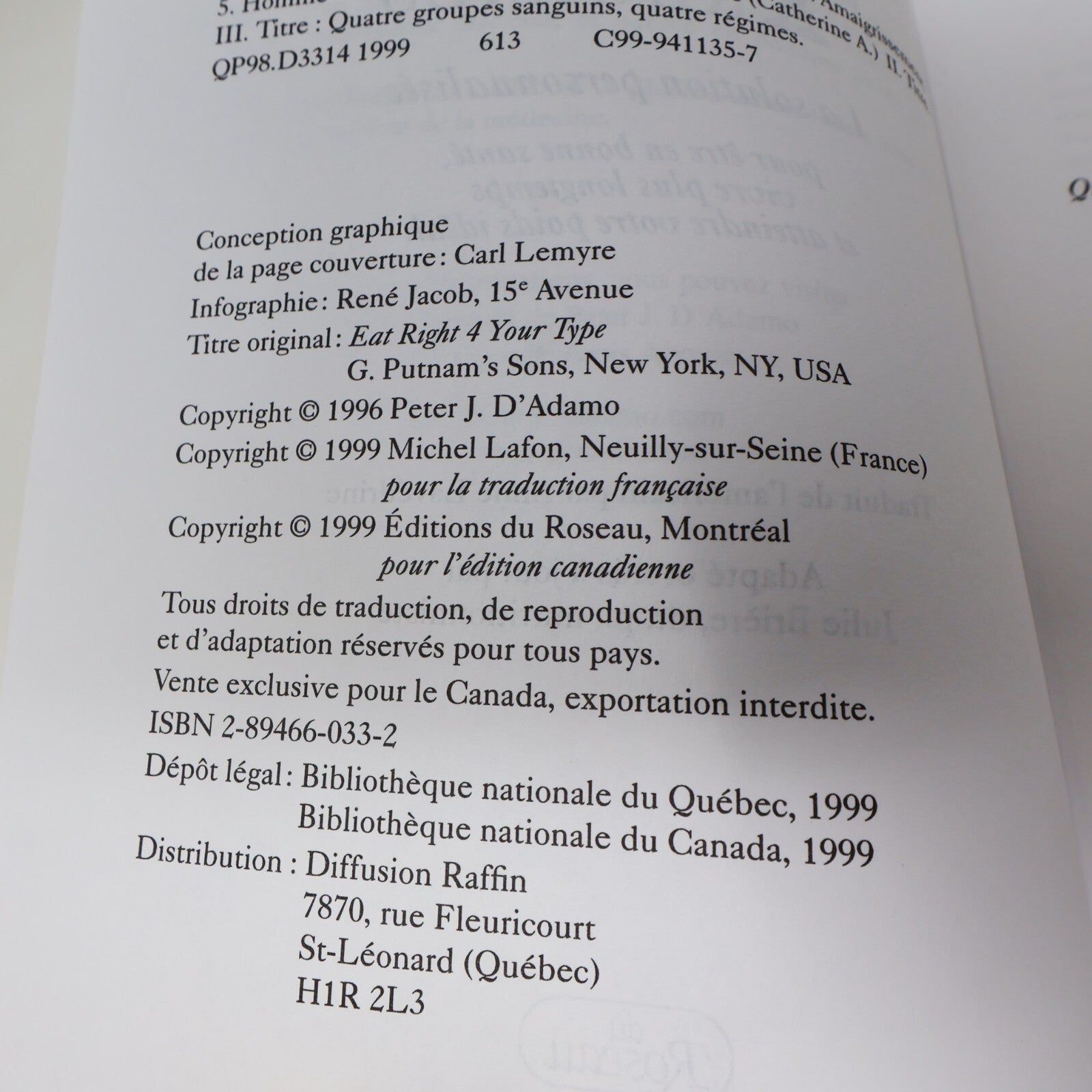 1999 4 Groupes Sanguins 4 Régimes Peter d'Adamo du Roseau Alimentation Nutrition