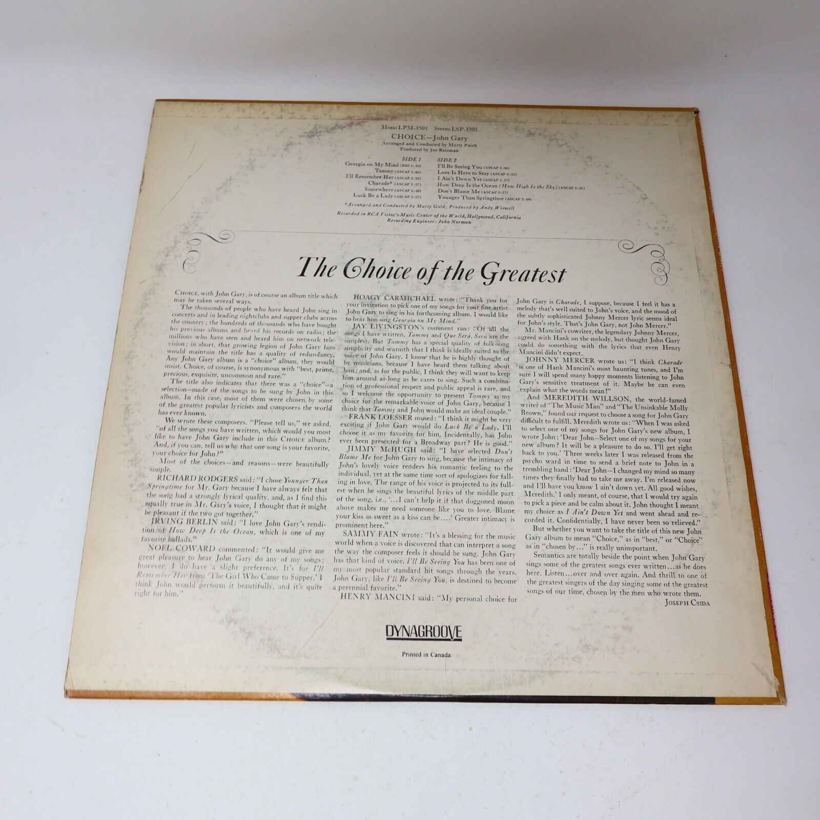 John Gary Choice LP Record Vinyl RCA Victor LSP-3501 Canada I'll Be Seeing You