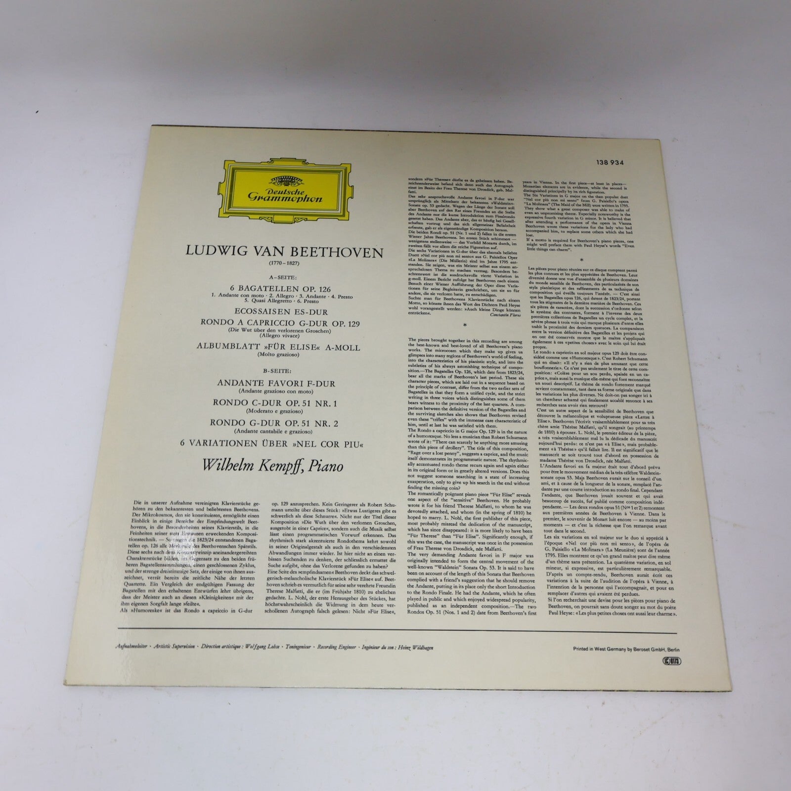 Beethoven Wilhelm Kempff Bagatelles Piano LP Record Deutsche Grammophon 138 934