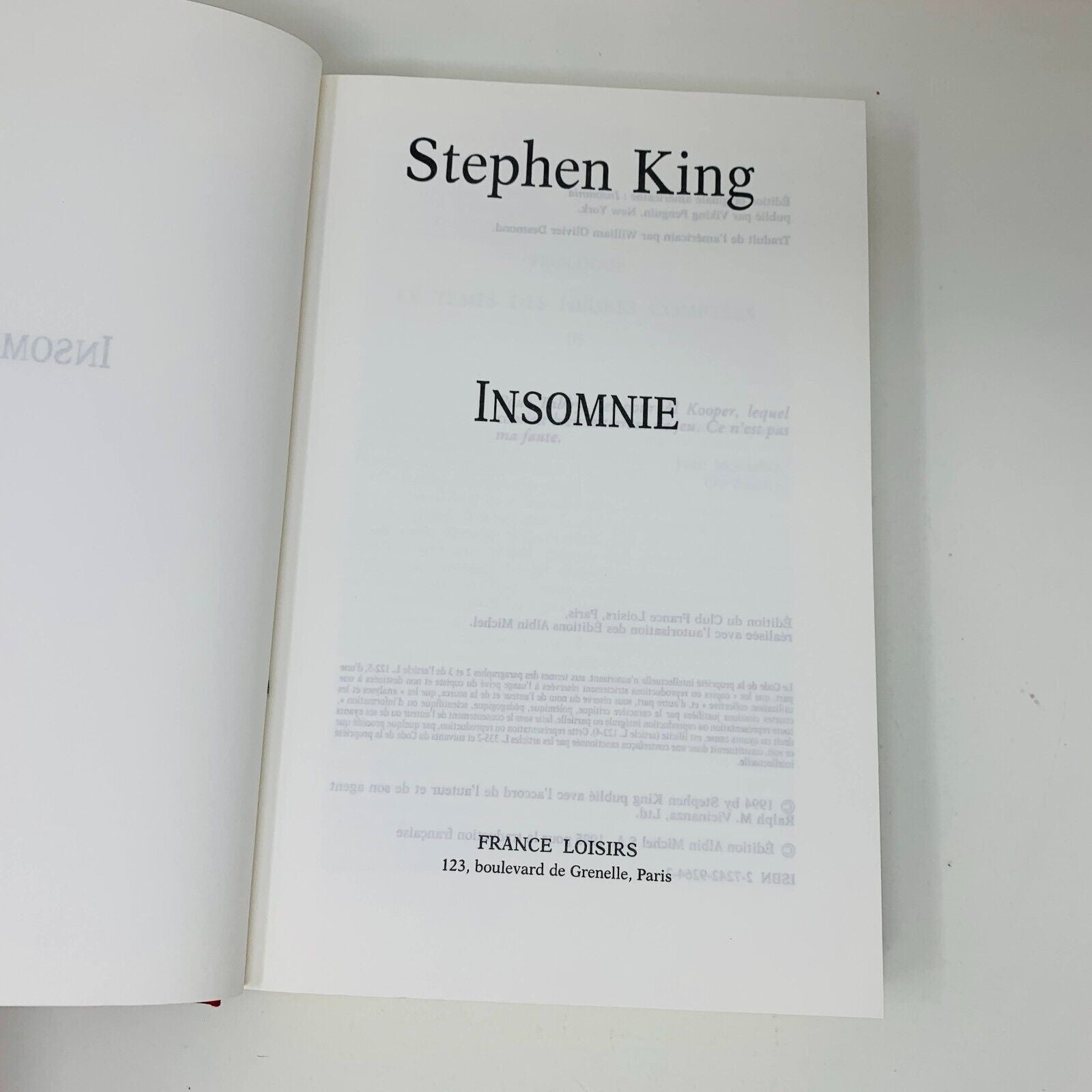 1996 Insomnie Stephen King France Loisirs Hardcover DJ Français French Insomnia