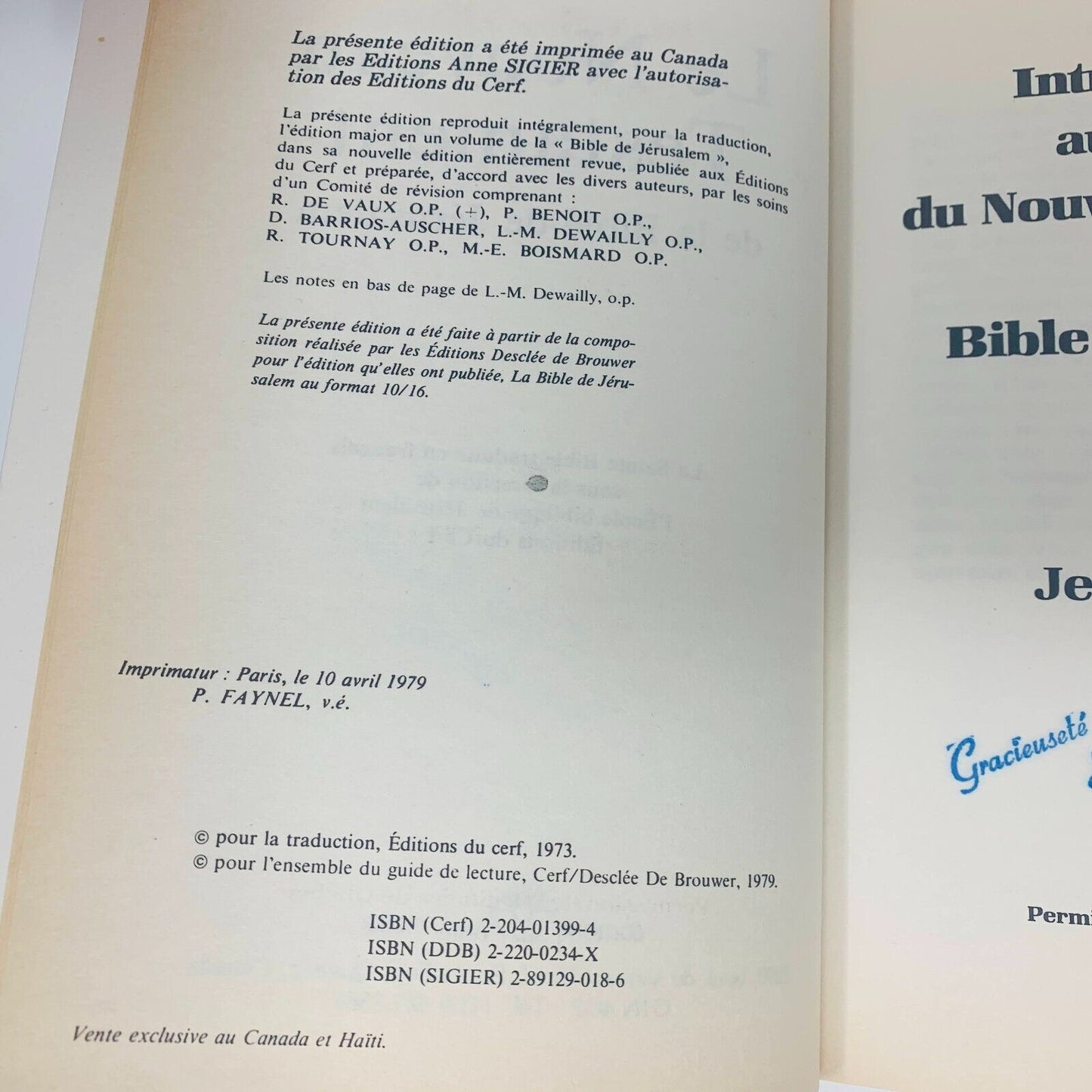1987 Le Nouveau Testament de la Bible de Jérusalem Anne Sigier / Cerf Français