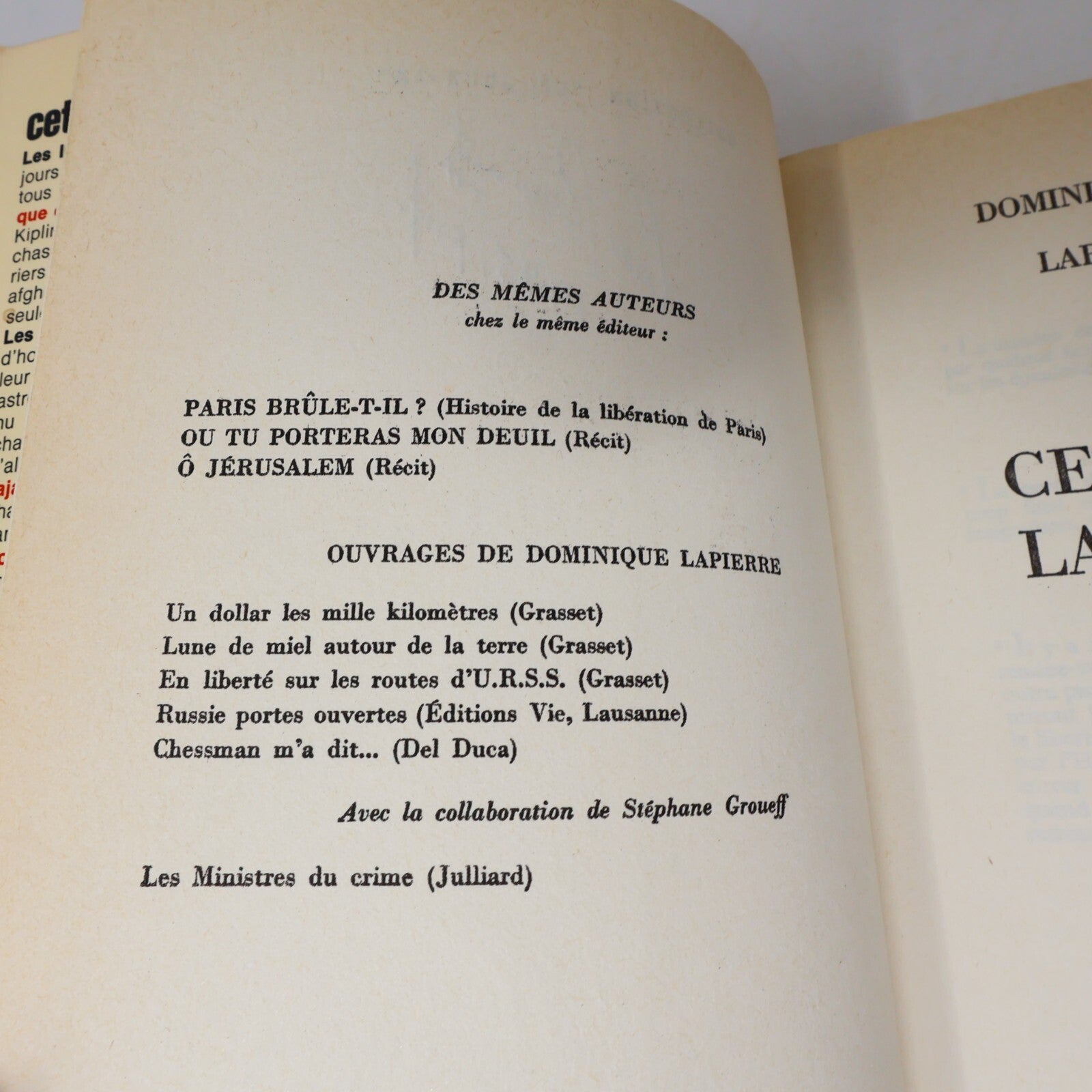 Dominique Lapierre/Larry Collins Lot 2 Livres Ô Jérusalem/Cette Nuit la Liberté