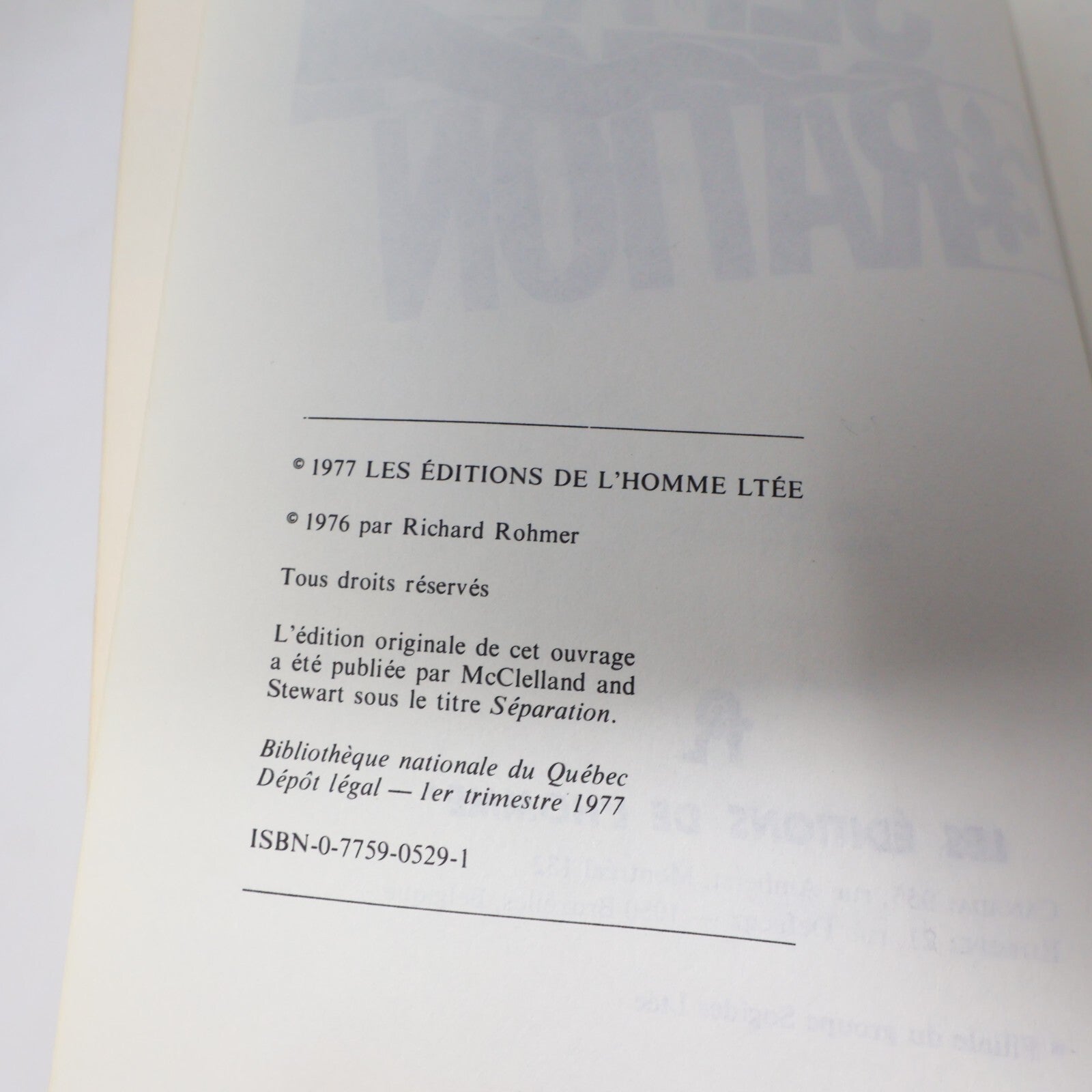 1977 Séparation Richard Rohmer De L'homme Québec Canada Fiction Historique Livre