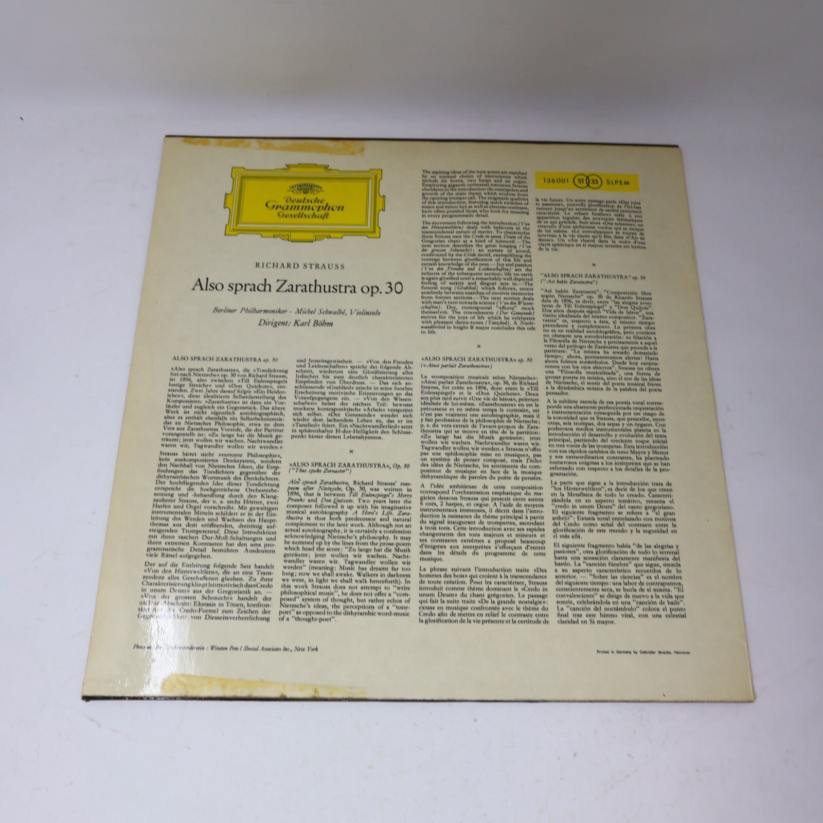 R. Strauss Karl Böhm Also Sprach Zarathustra Op. 30 Berliner LP Record 136 001