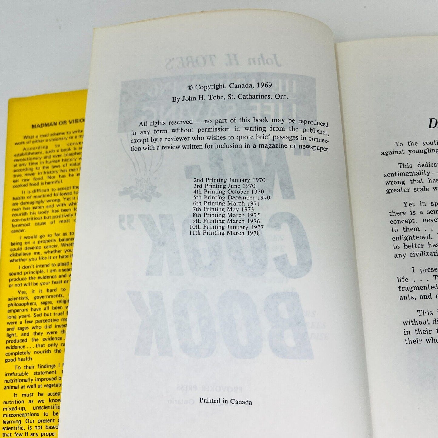 1978 No-Cook Book by John H. Tobe's Hardcover DJ Health Giving Provoker Press