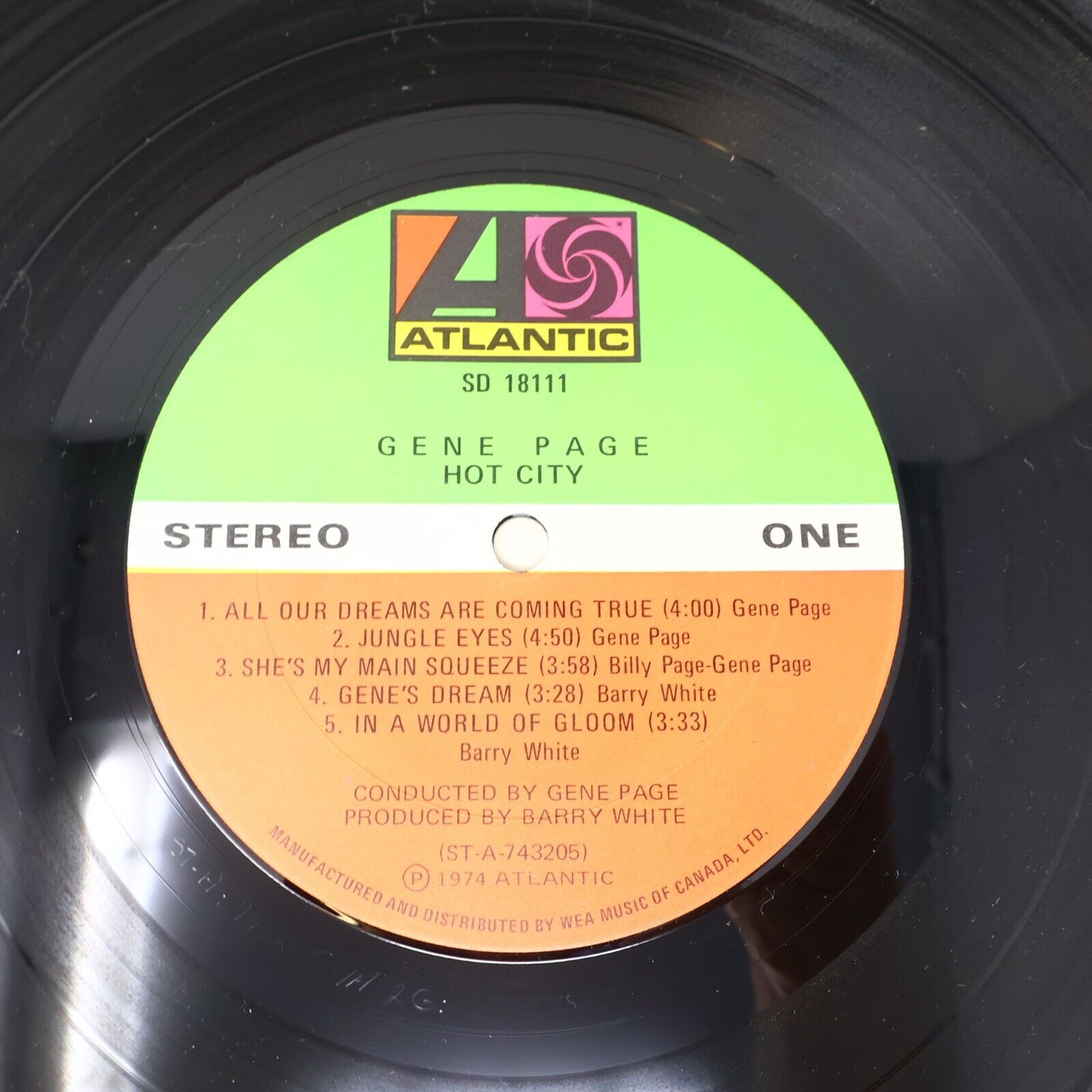 Gene Page Hot City LP Record Vinyl 1974 Atlantic SD 18111 	Canada Satin Soul 70s