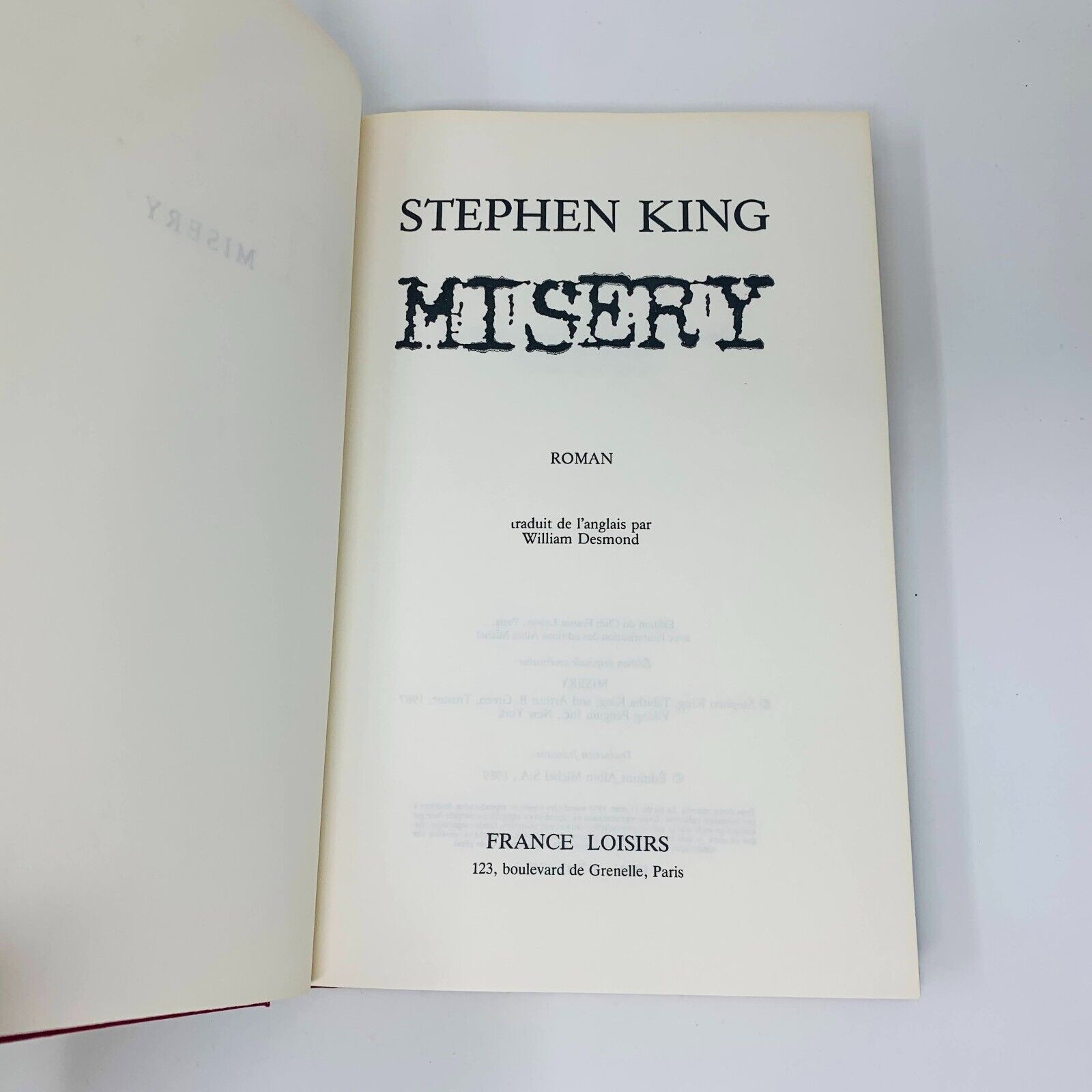 1990 Misery Stephen King Club France Loisirs Français/French Hardcover DJ BCE