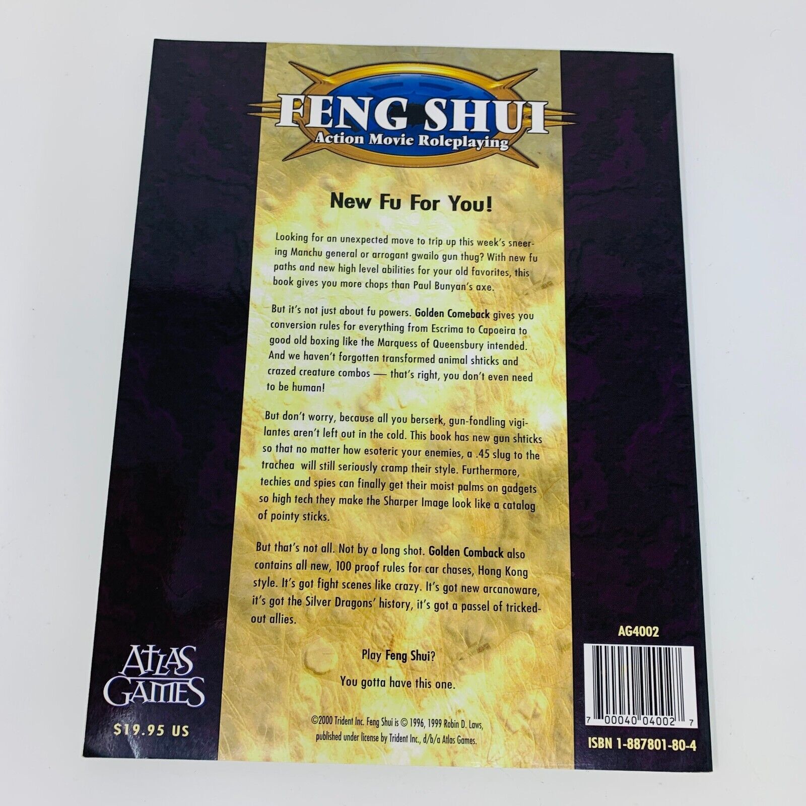 2000 Golden Comeback Feng Shui Players Sourcebook RPG Book Atlas Games AG4002