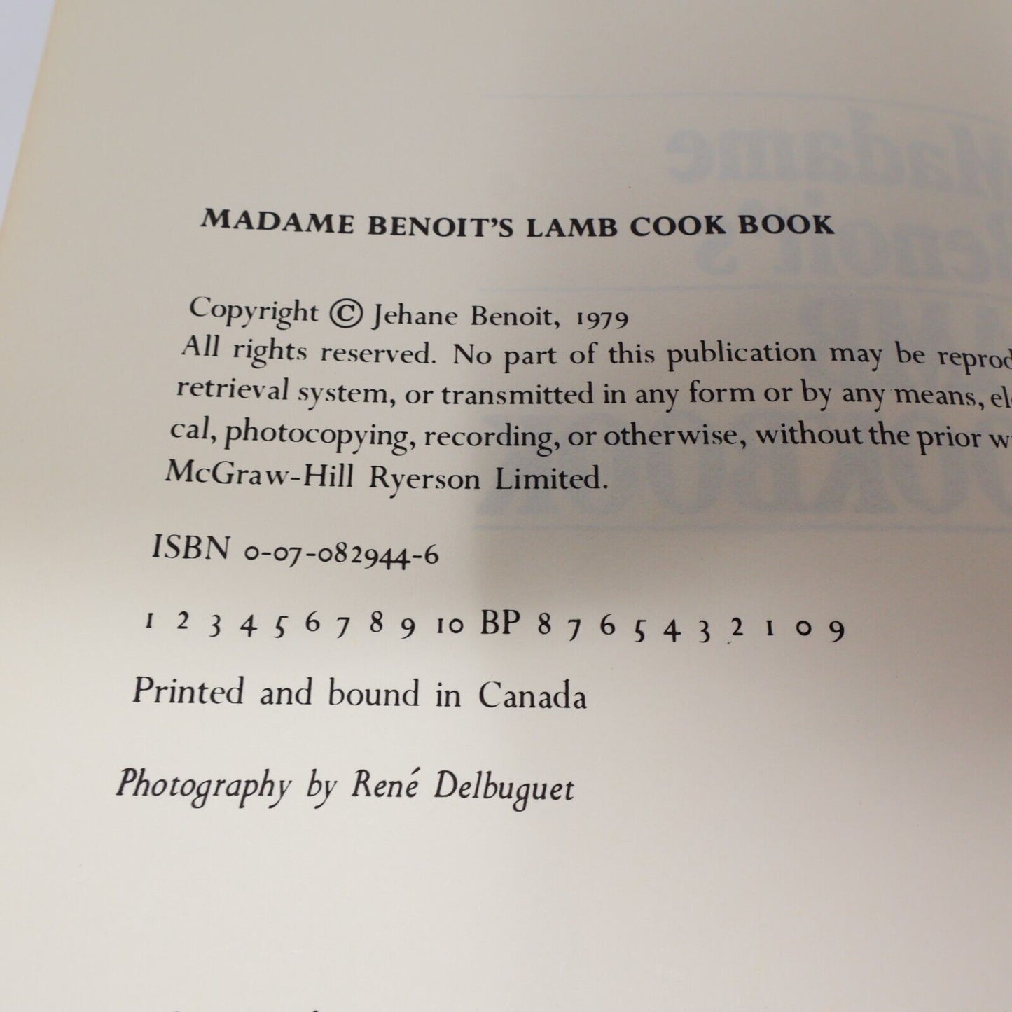 1979 Madame Benoit's Lamb Cookbook by Jehane Benoît Mcgraw-Hill Ryerson HC 70s
