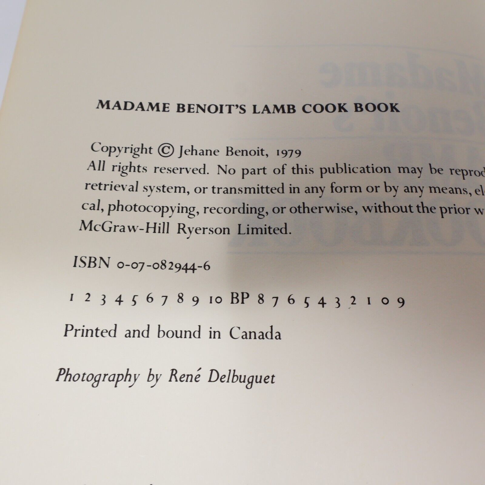 1979 Madame Benoit's Lamb Cookbook by Jehane Benoît Mcgraw-Hill Ryerson HC 70s