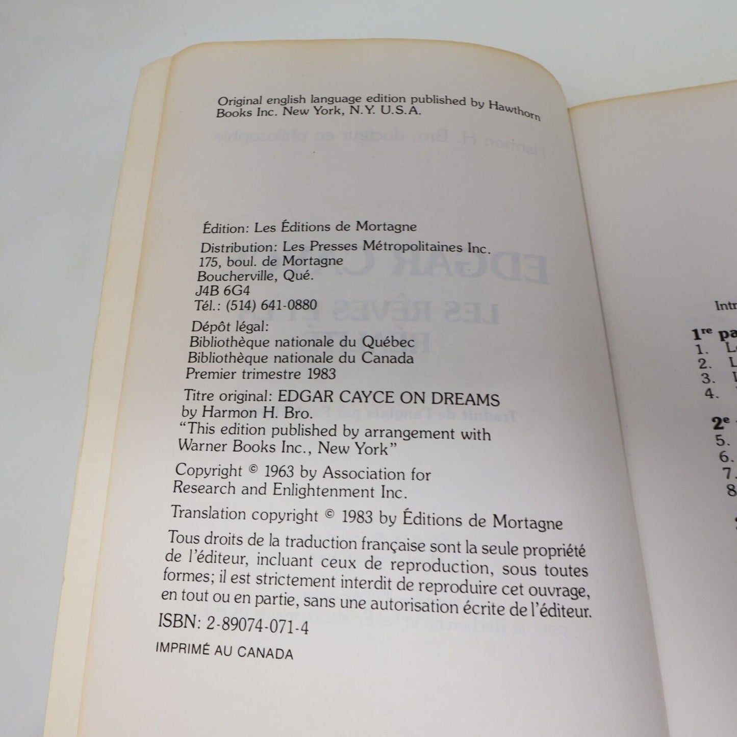 1983 Edgar Cayce les Rêves et la Réalité Harmon Hartzell Bro/Hugh Lynn Cayce PB