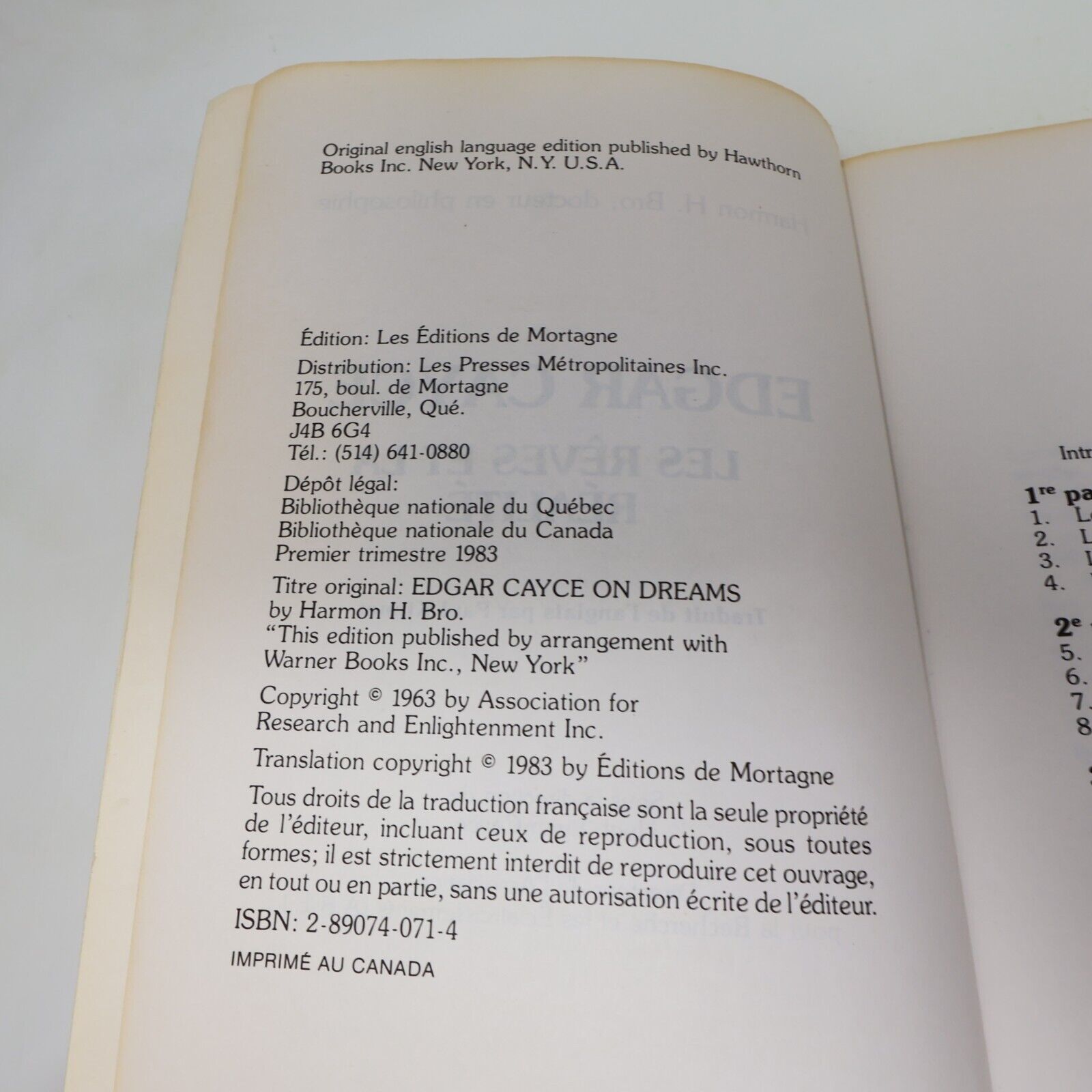 1983 Edgar Cayce les Rêves et la Réalité Harmon Hartzell Bro/Hugh Lynn Cayce PB