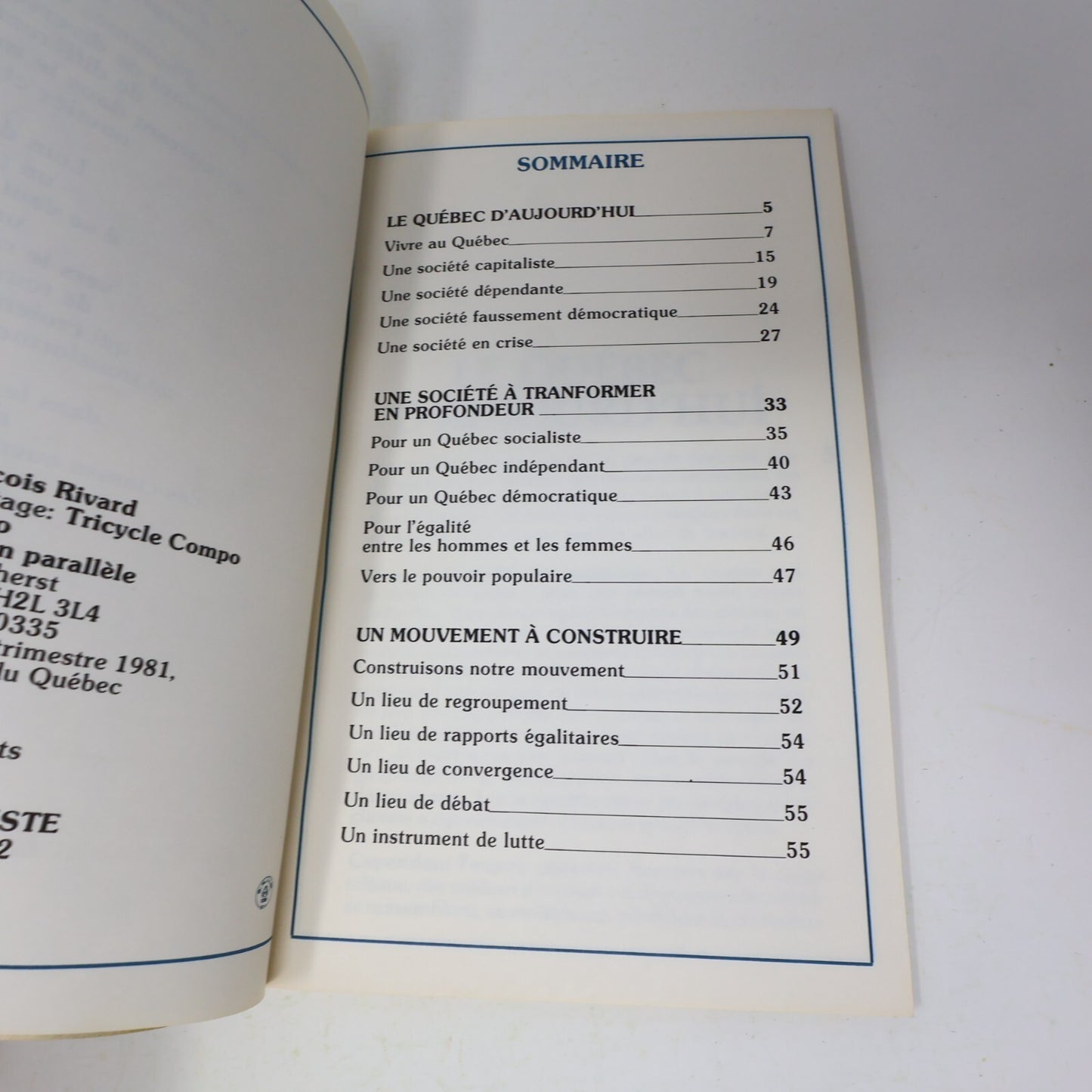 1981 Pour un Québec Socialiste Le Comité des Cent Mouvement Socialiste Politique