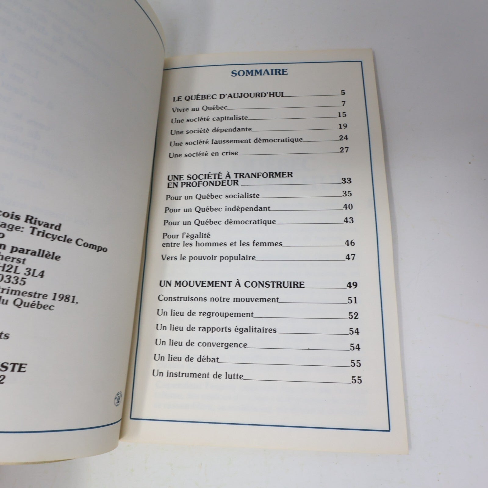 1981 Pour un Québec Socialiste Le Comité des Cent Mouvement Socialiste Politique