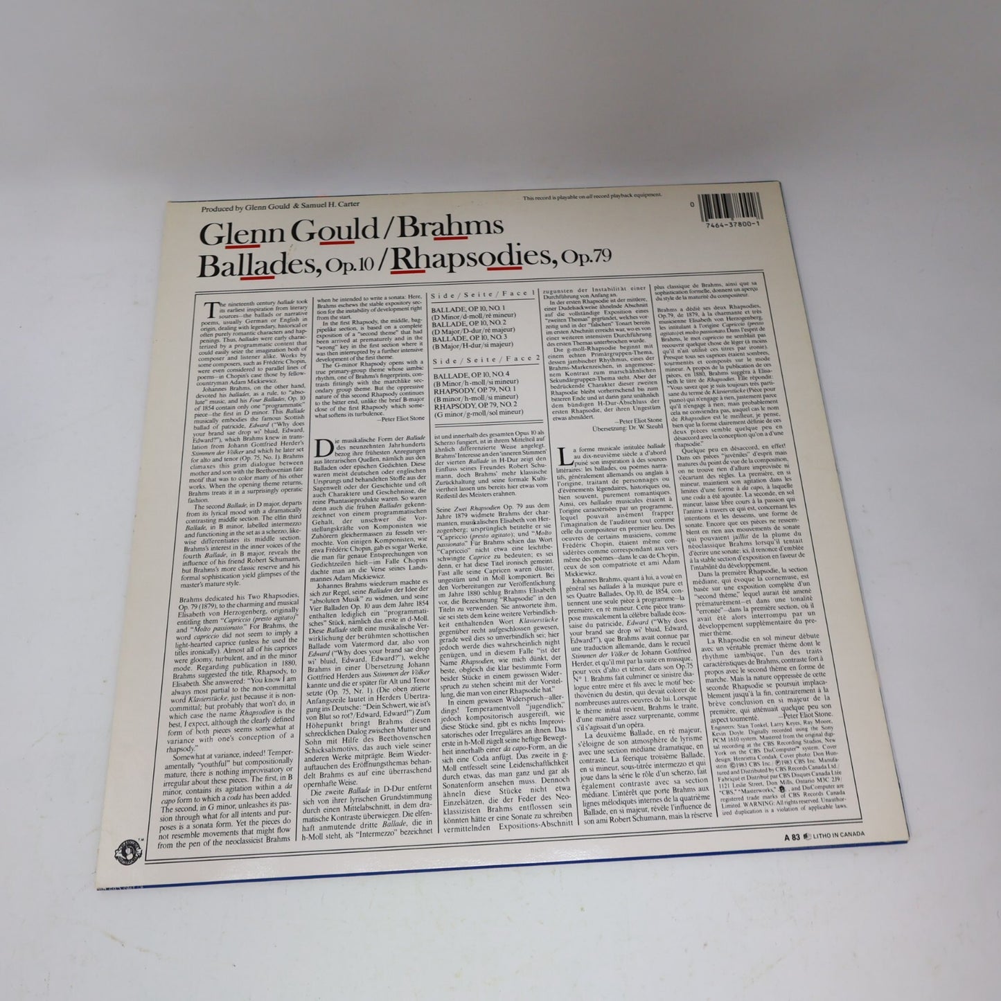 Glenn Gould Brahms Ballades Op.10, Rhapsodies Op.79 LP Record CBS Masterworks