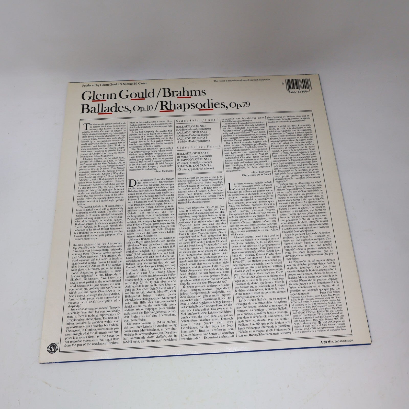 Glenn Gould Brahms Ballades Op.10, Rhapsodies Op.79 LP Record CBS Masterworks