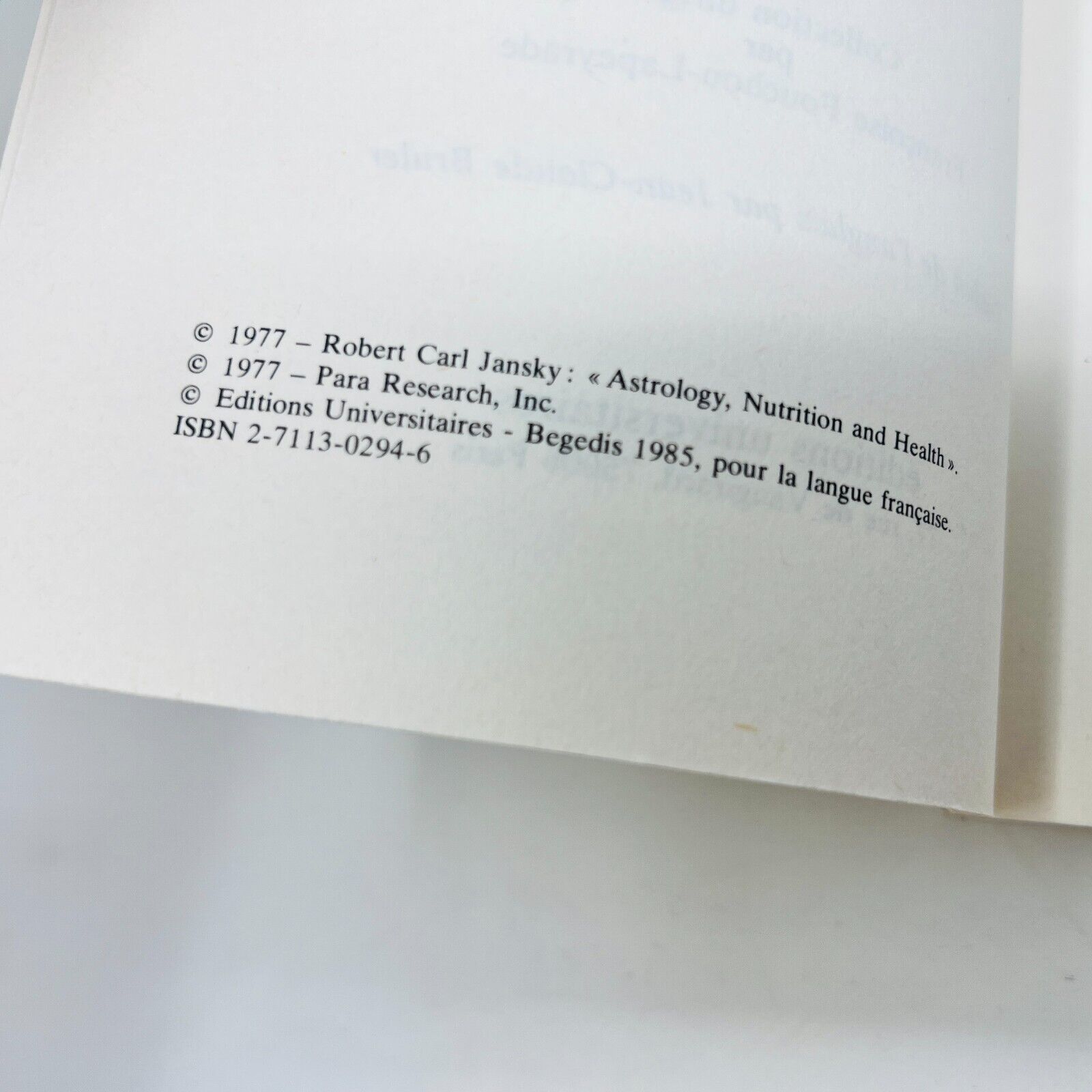 1985 Le Corps et l'Astrologie Nutrition Diététique & Santé de Robert Carl Jansky
