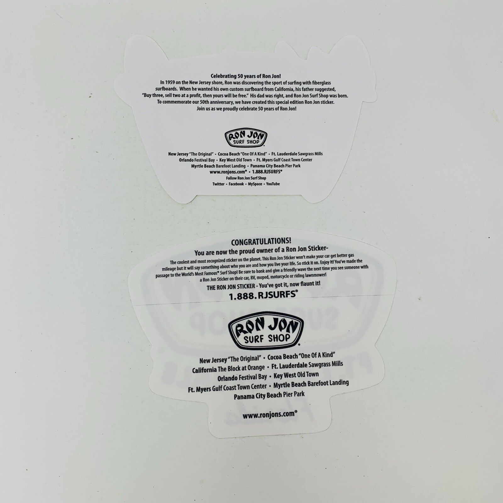 Lot of 2 Ron Jon Surf Shop Stickers 50th Anniversary/FT. Lauderdale Florida