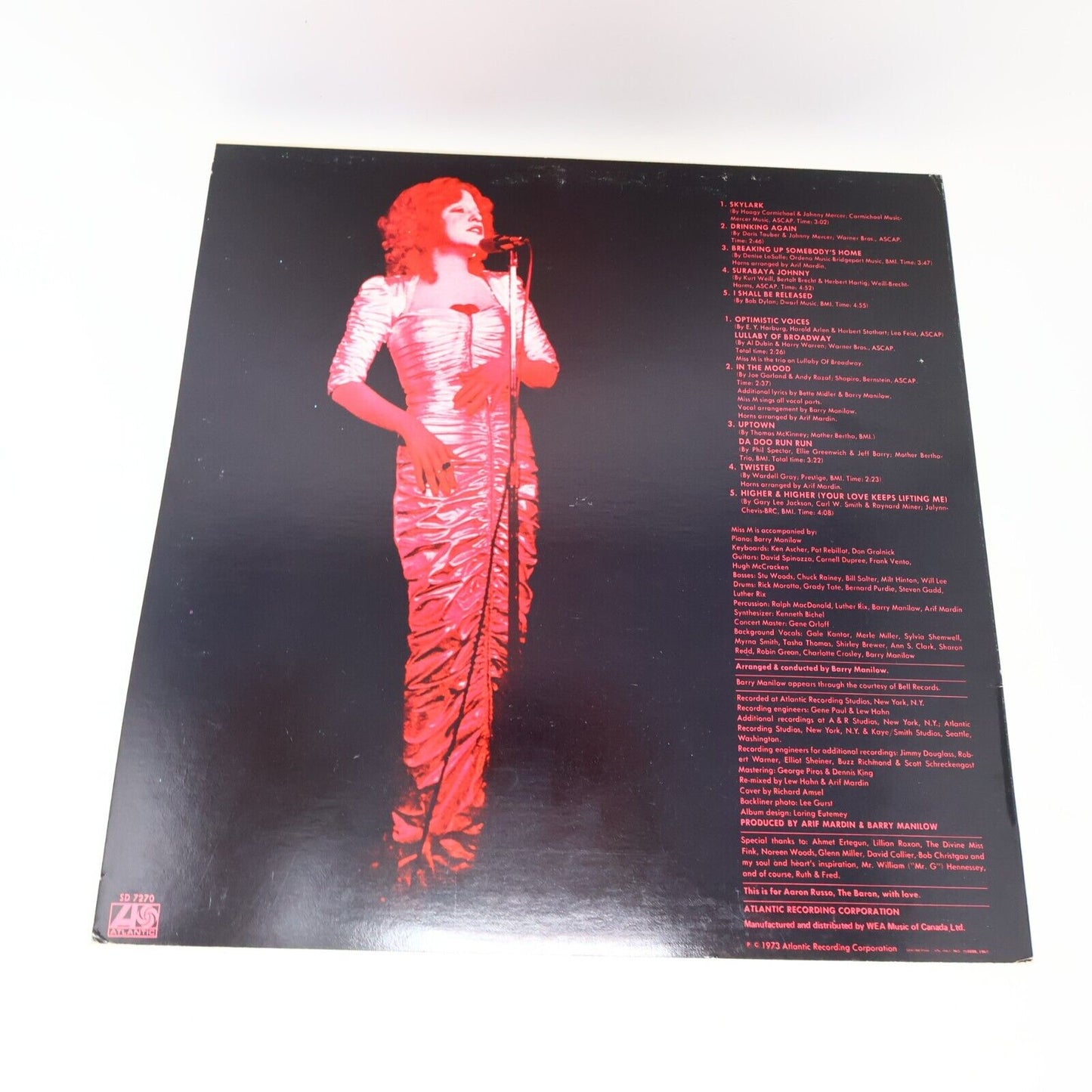Bette Midler Self Titled LP Record Vinyl SD 7270 Atlantic Canada Poster Included