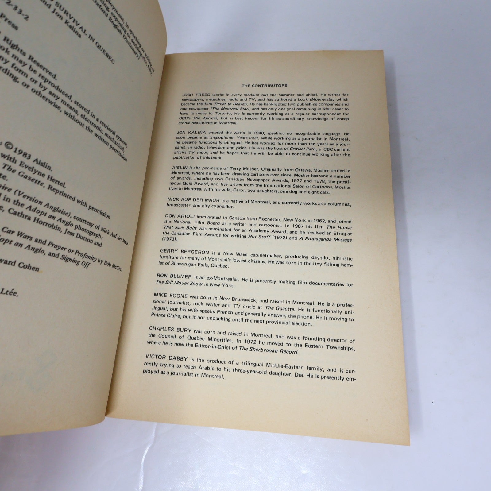 The Anglo Guide to Survival in Québec Josh Freed/Jon Kalina Eden Press 1983 PB