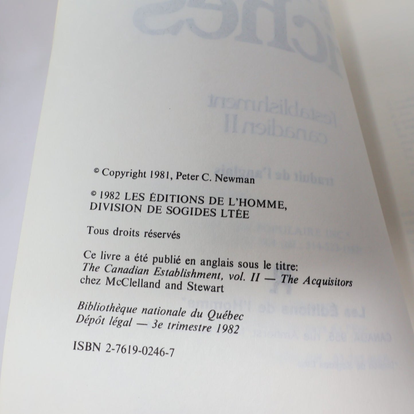 Peter C. Newman La Dynastie des Bronfman L'Establishment Canadien 2 Lot 2 Livres