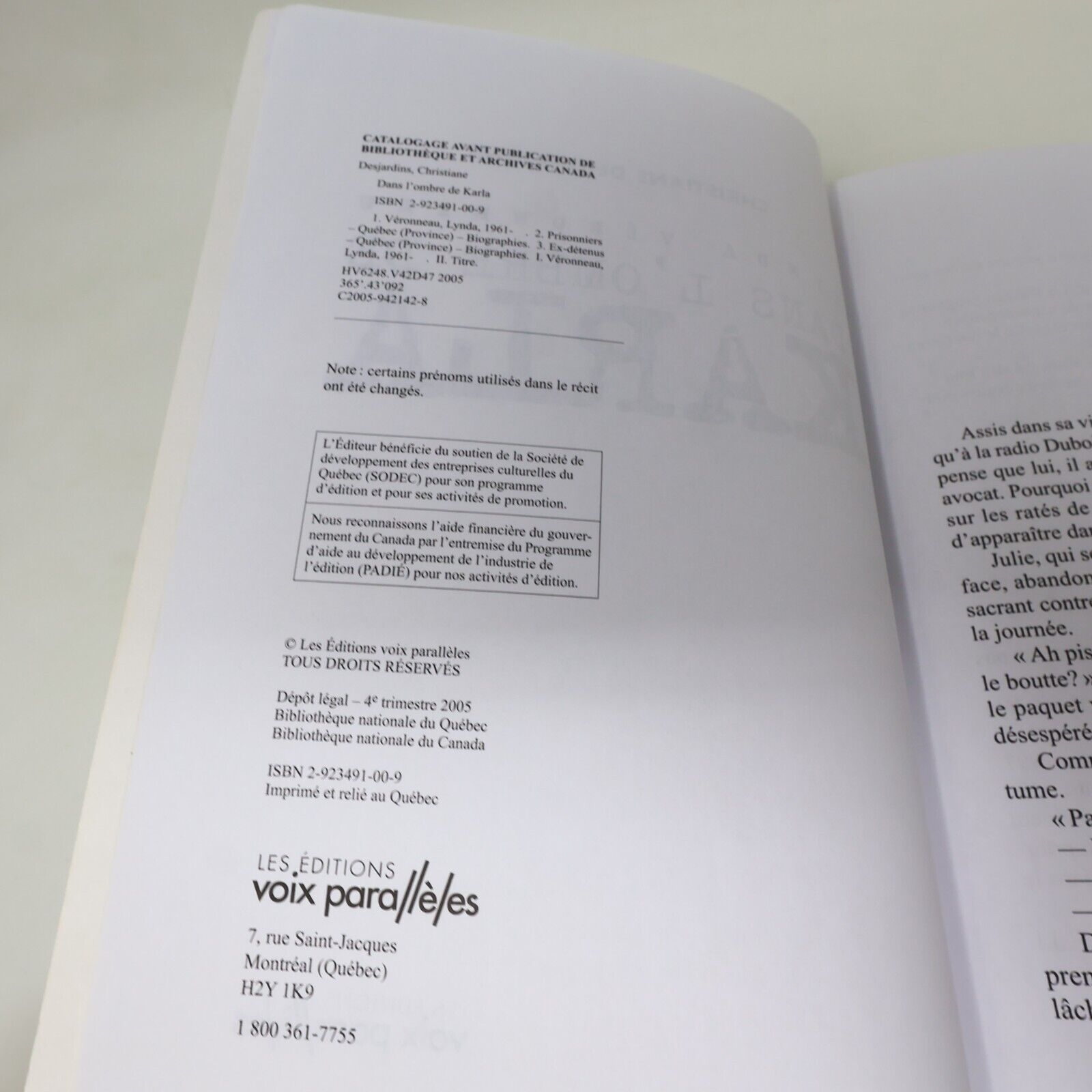 2005 Lynda Véronneau dans l'Ombre de Karla Christiane Desjardins Biographie PB