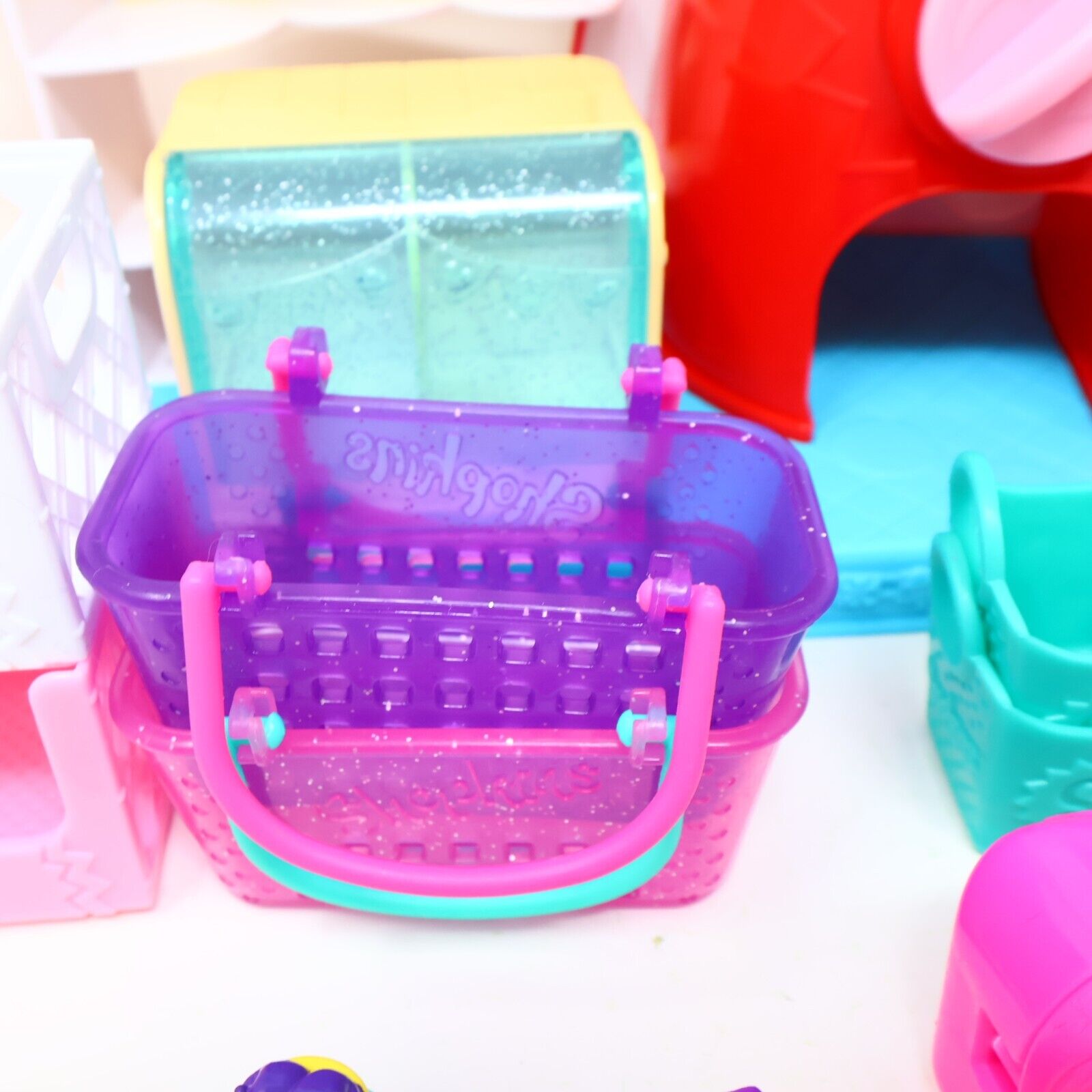 Lot of 20 Shopkins Figures + Sweet Spot Candy Shop Toys Baskets Mixed Moose