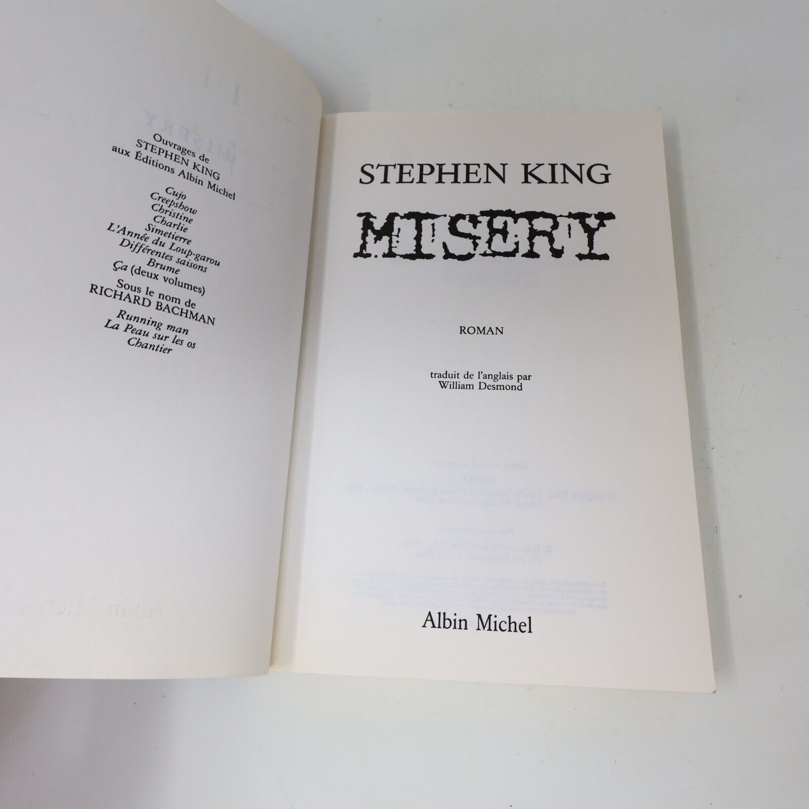 1989 Misery de Stephen King Paperback PB Albin Michel Horreur Français Fiction