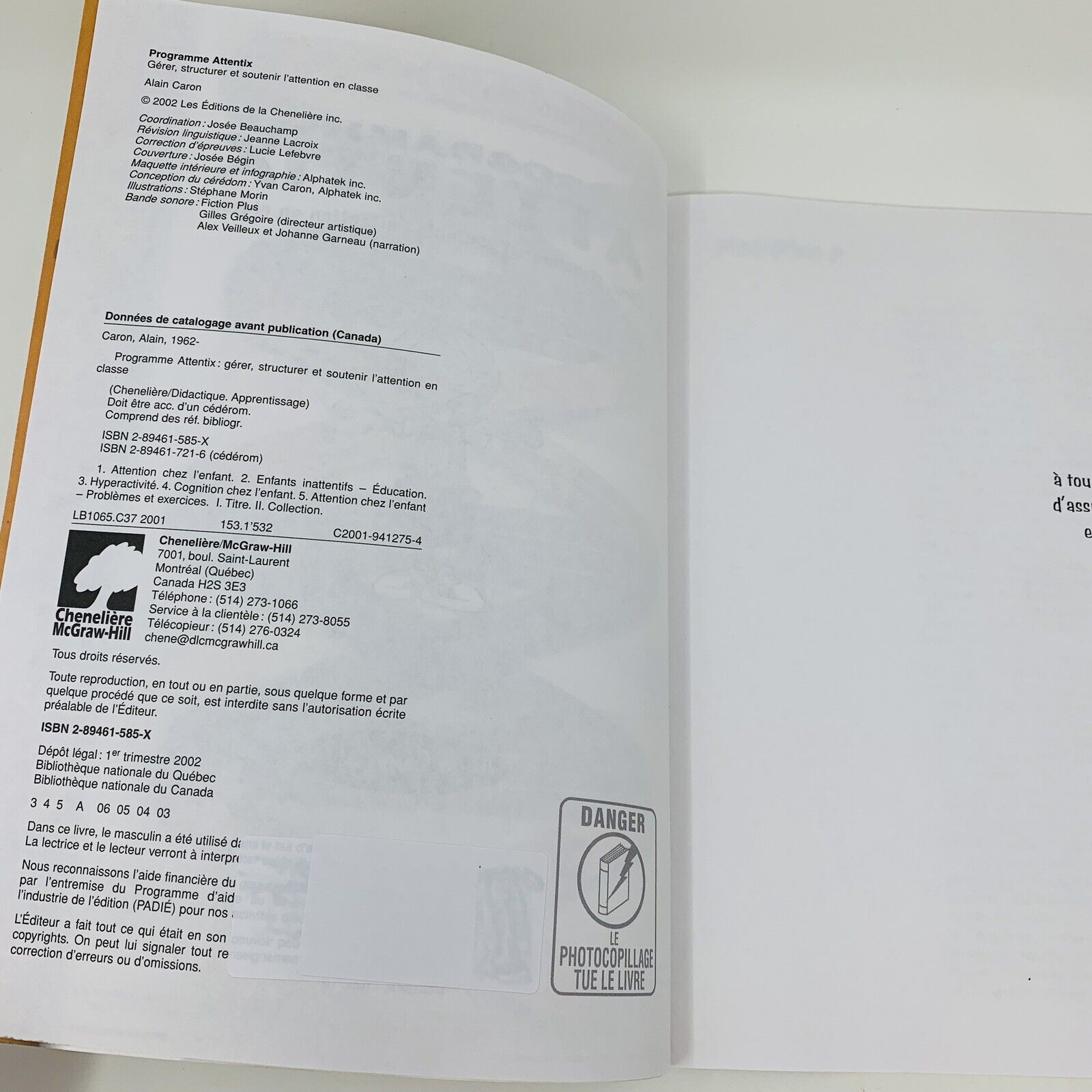 Programme Attentix Gérer Structurer l'Attention en Classe Alain Caron Livre Book