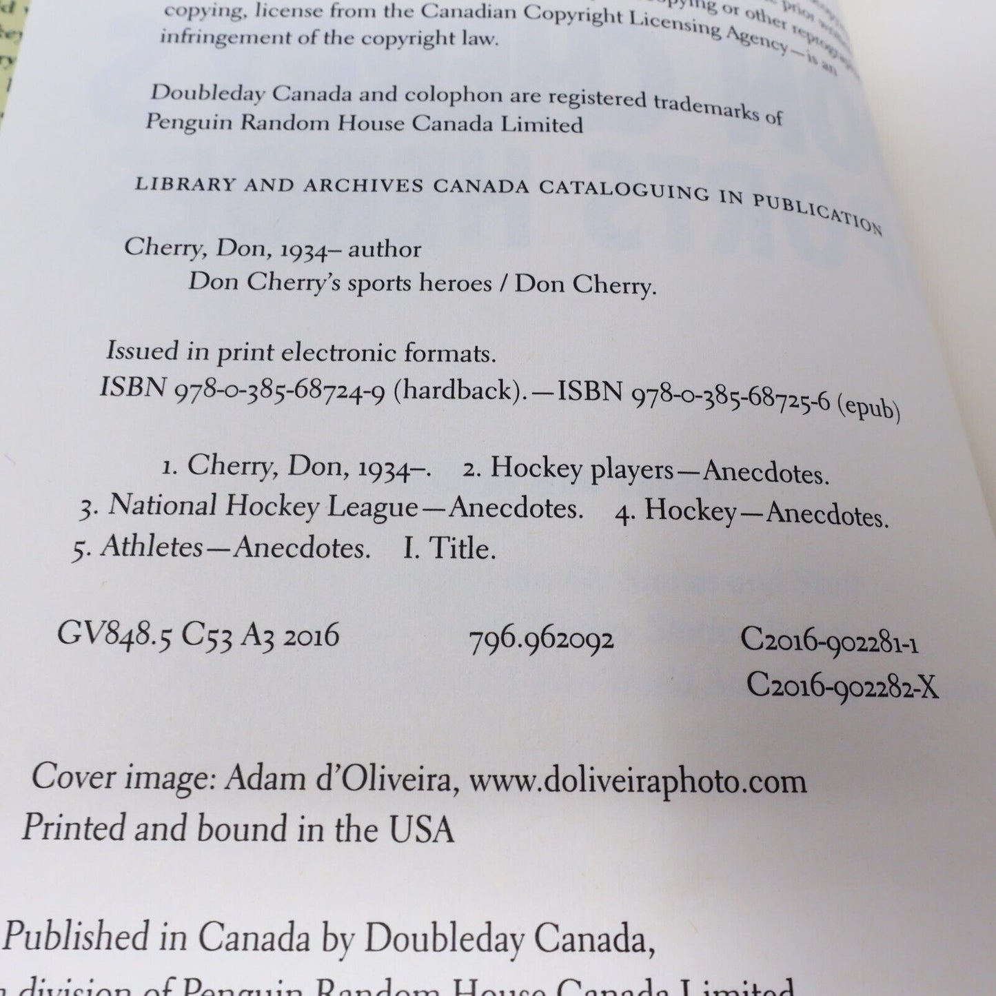 2016 Don Cherry's Sports Heroes Doubleday Canada Hardcover Hockey Book 2010s HC