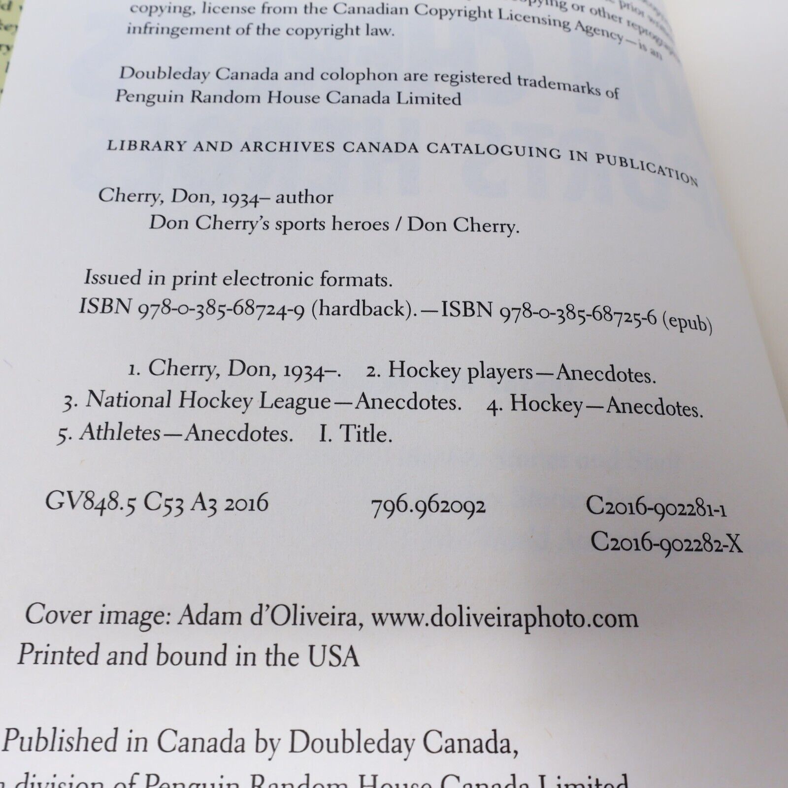 2016 Don Cherry's Sports Heroes Doubleday Canada Hardcover Hockey Book 2010s HC