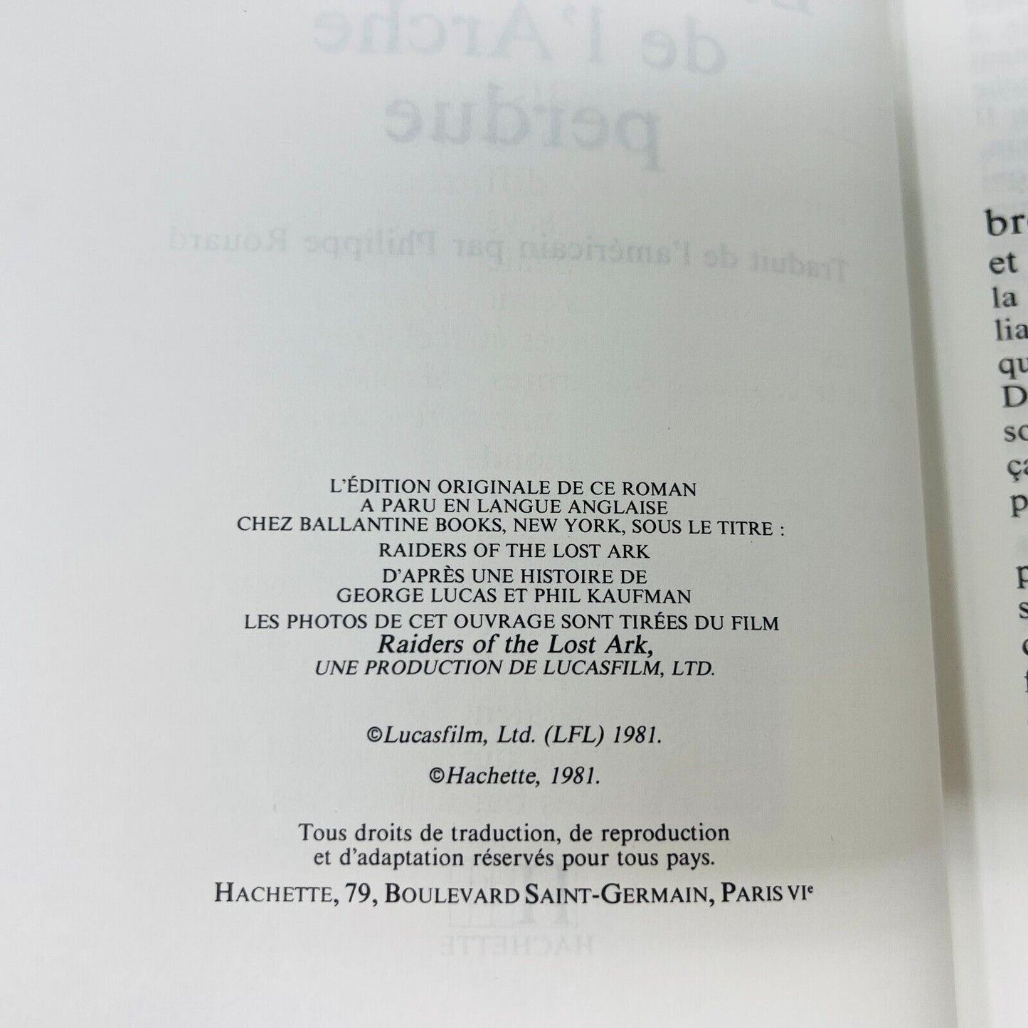 1981 Les Aventuriers de l'Arche Perdu de Campbell Black Hachette Indiana Jones