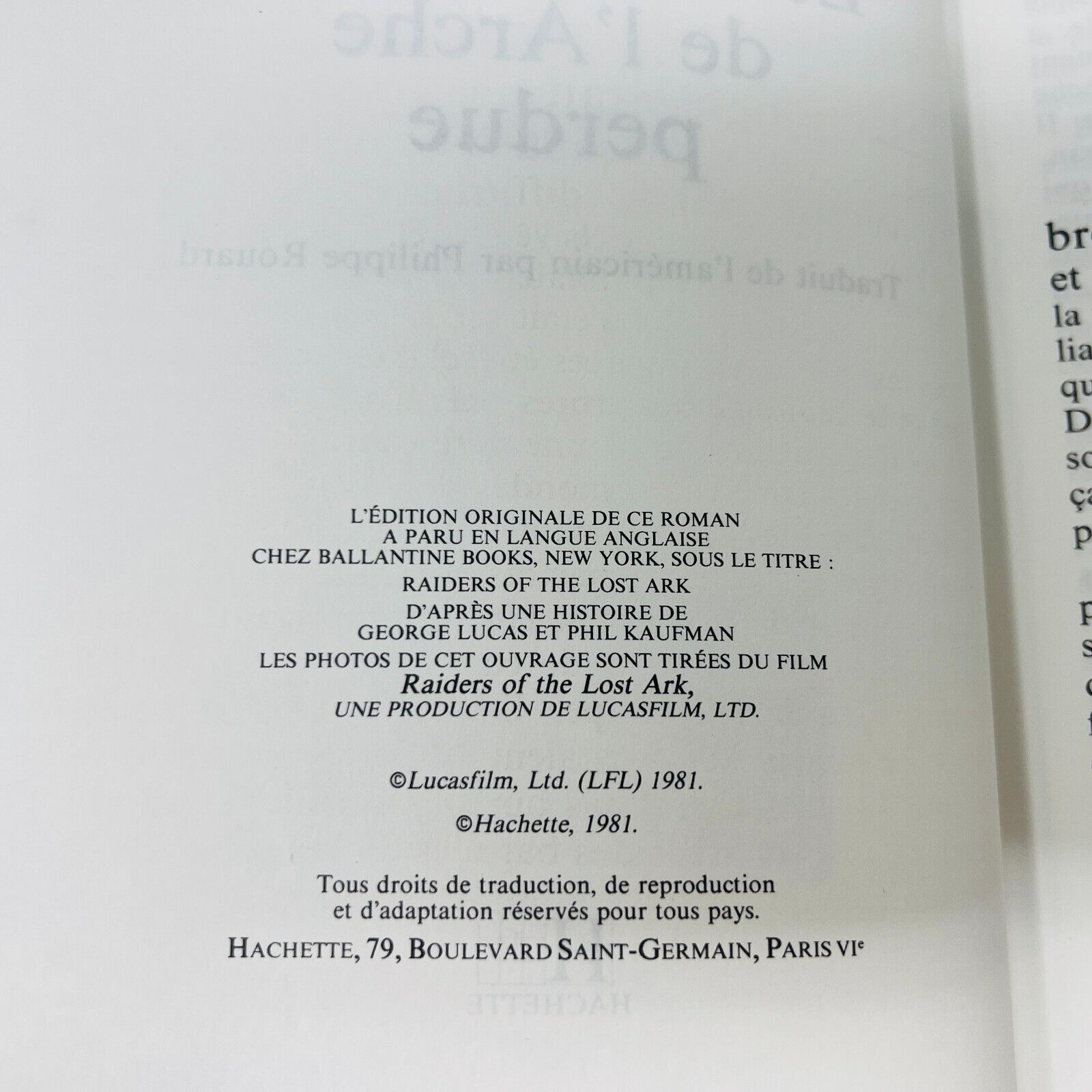1981 Les Aventuriers de l'Arche Perdu de Campbell Black Hachette Indiana Jones