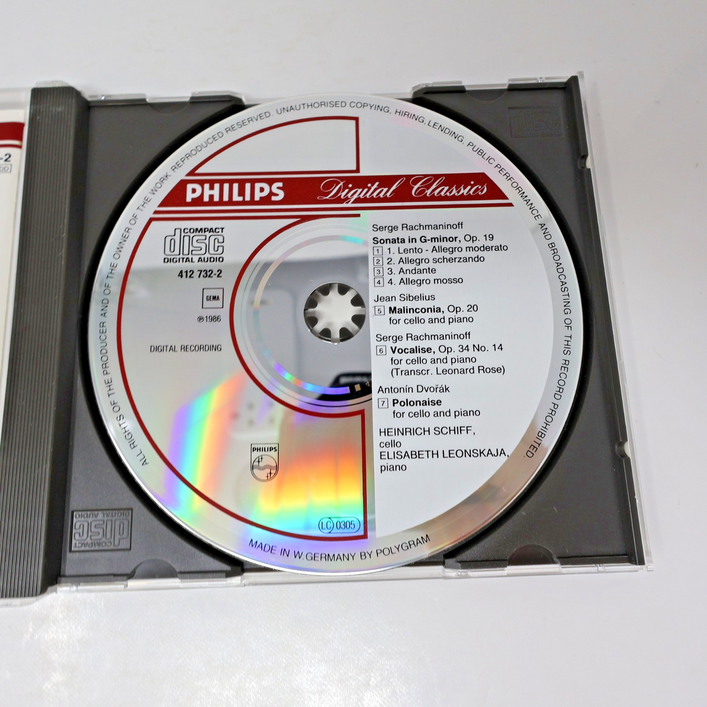 Rachmaninoff/Dvořák/Sibelius Cello Sonata/Vocalise CD Heinrich Schiff/Leonskaja
