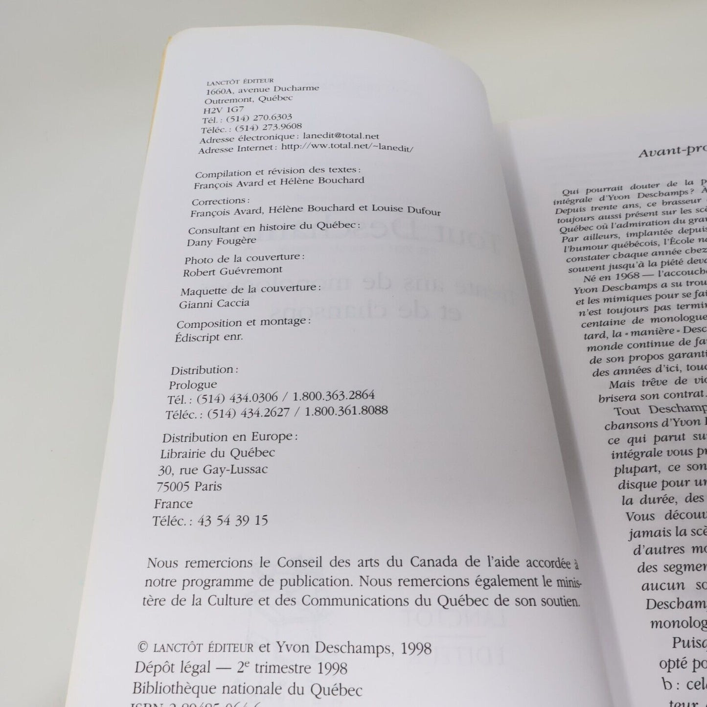 1998 Tout Deschamps Trente Ans de Monologues et de Chansons de Yvon Deschamps PB
