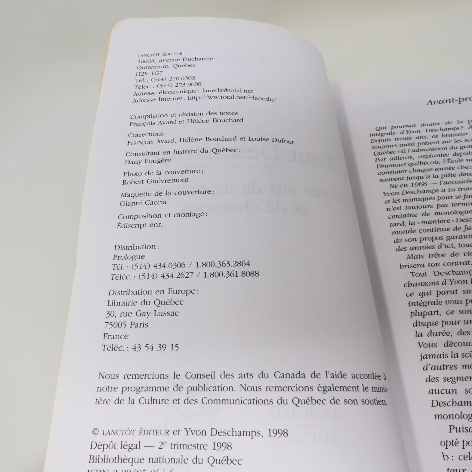 1998 Tout Deschamps Trente Ans de Monologues et de Chansons de Yvon Deschamps PB