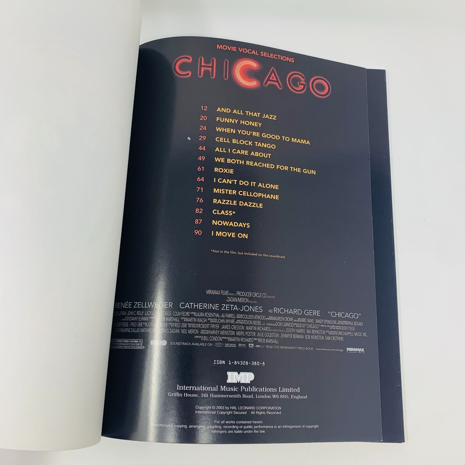 2003 Chicago Movie Vocal Selections IMP Songbook Sheet Music Piano Paperback