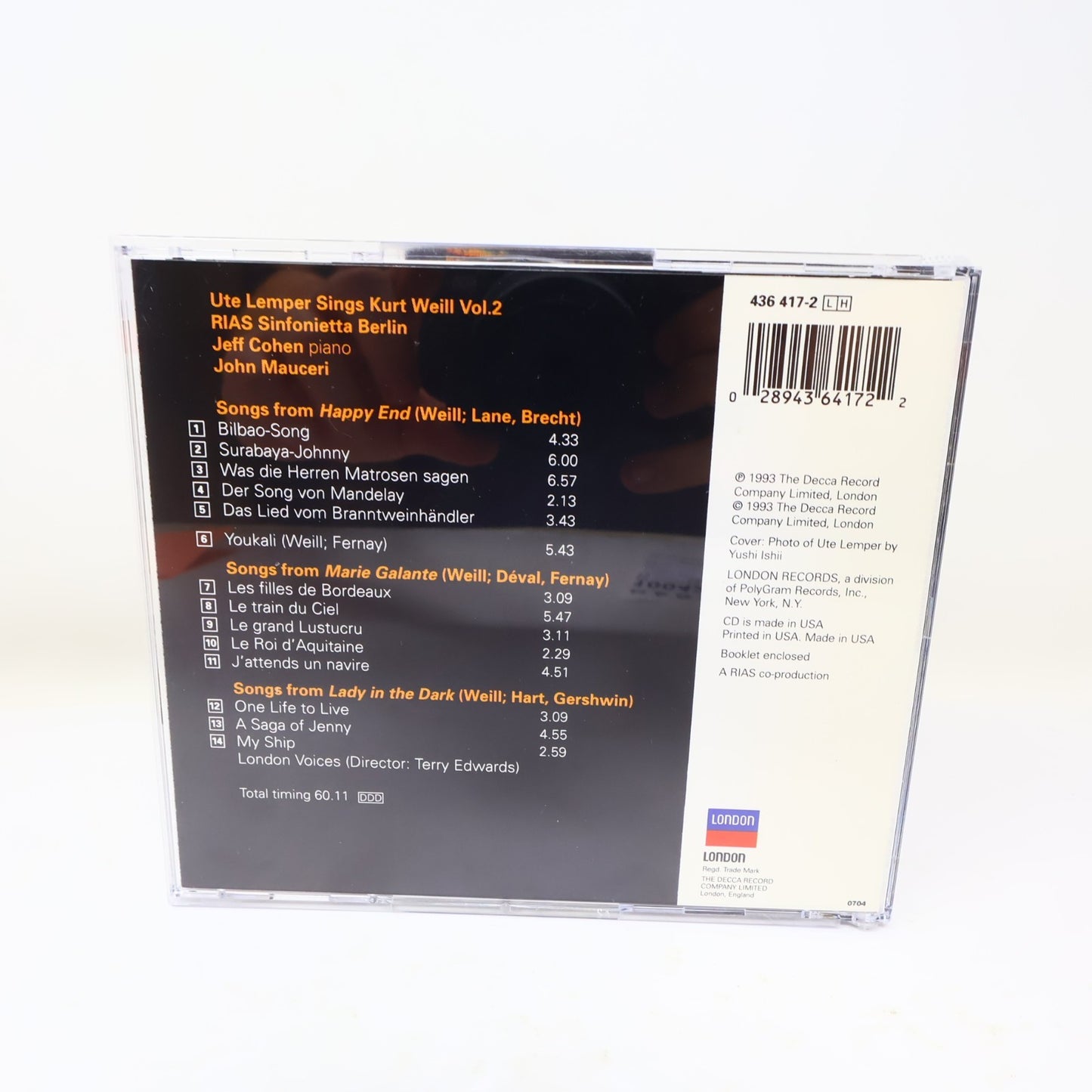 Ute Lemper Sings Kurt Weill Volume 2 CD 1993 Jazz Pop Classical 90s